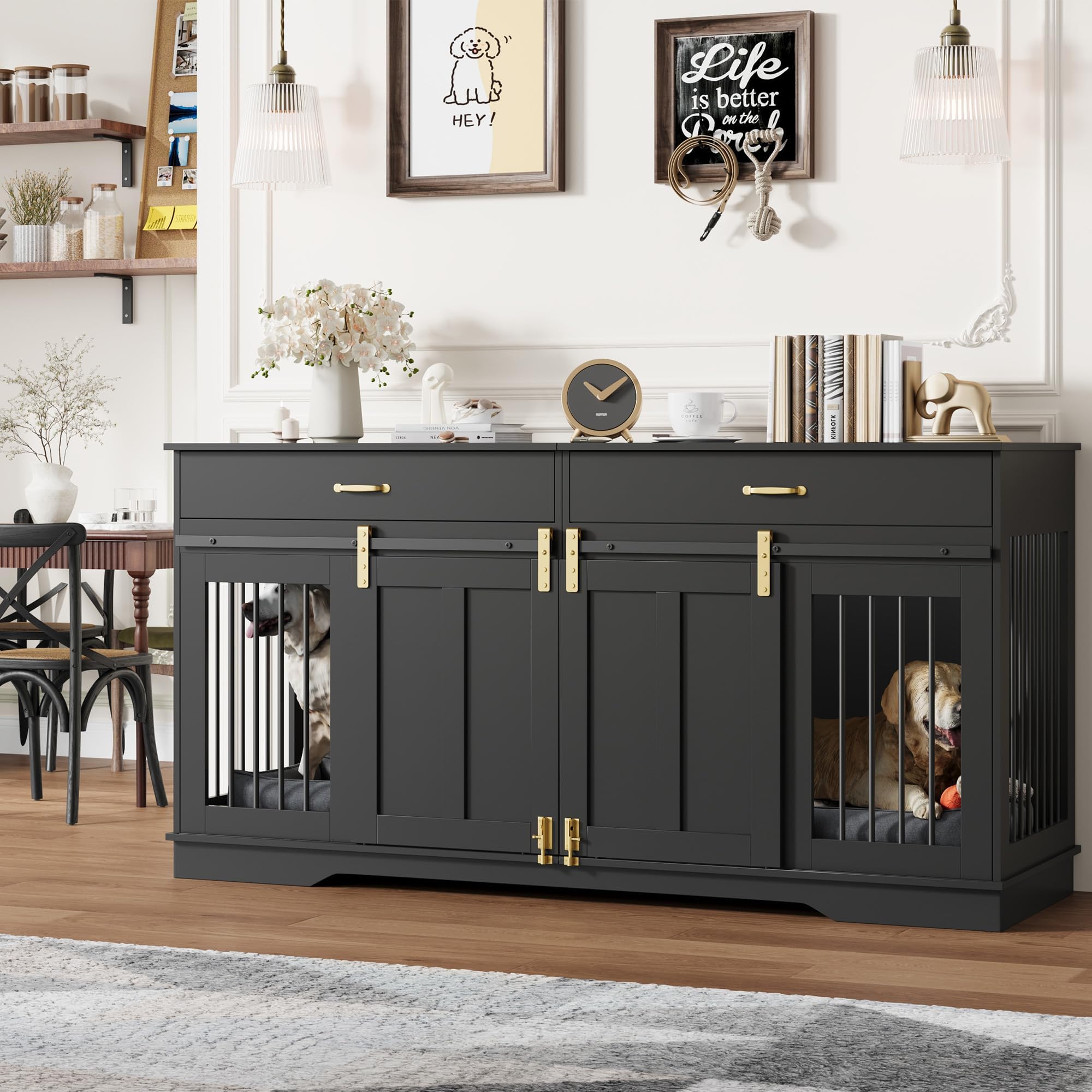 GarveeHome 71 Double Wooden Dog Crate Furniture for 2 Dogs, with Removable Divider, Sliding Door & 2 Drawers, Decorative TV St