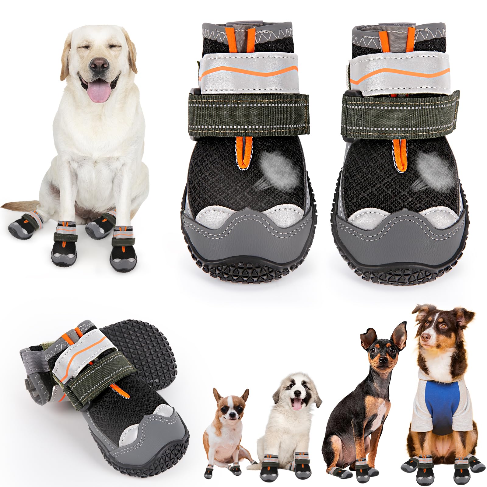 Dog Shoes For Large Dogs, Medium Dog Boots & Paw Protectors For Hot Pavement, Waterproof Dog Booties With Reflective Strap, Non-
