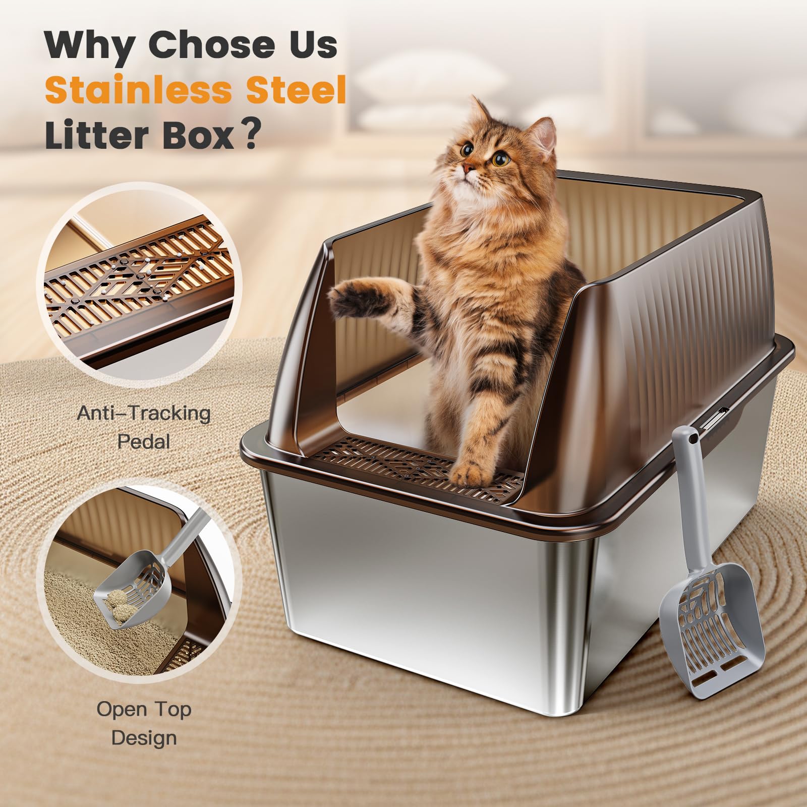 Tripamin 15    Xl Stainless Steel Cat Litter Box Enclosure, Xxl Stainless Steel High Sides With Lid, Extra Large Metal Cat Litte