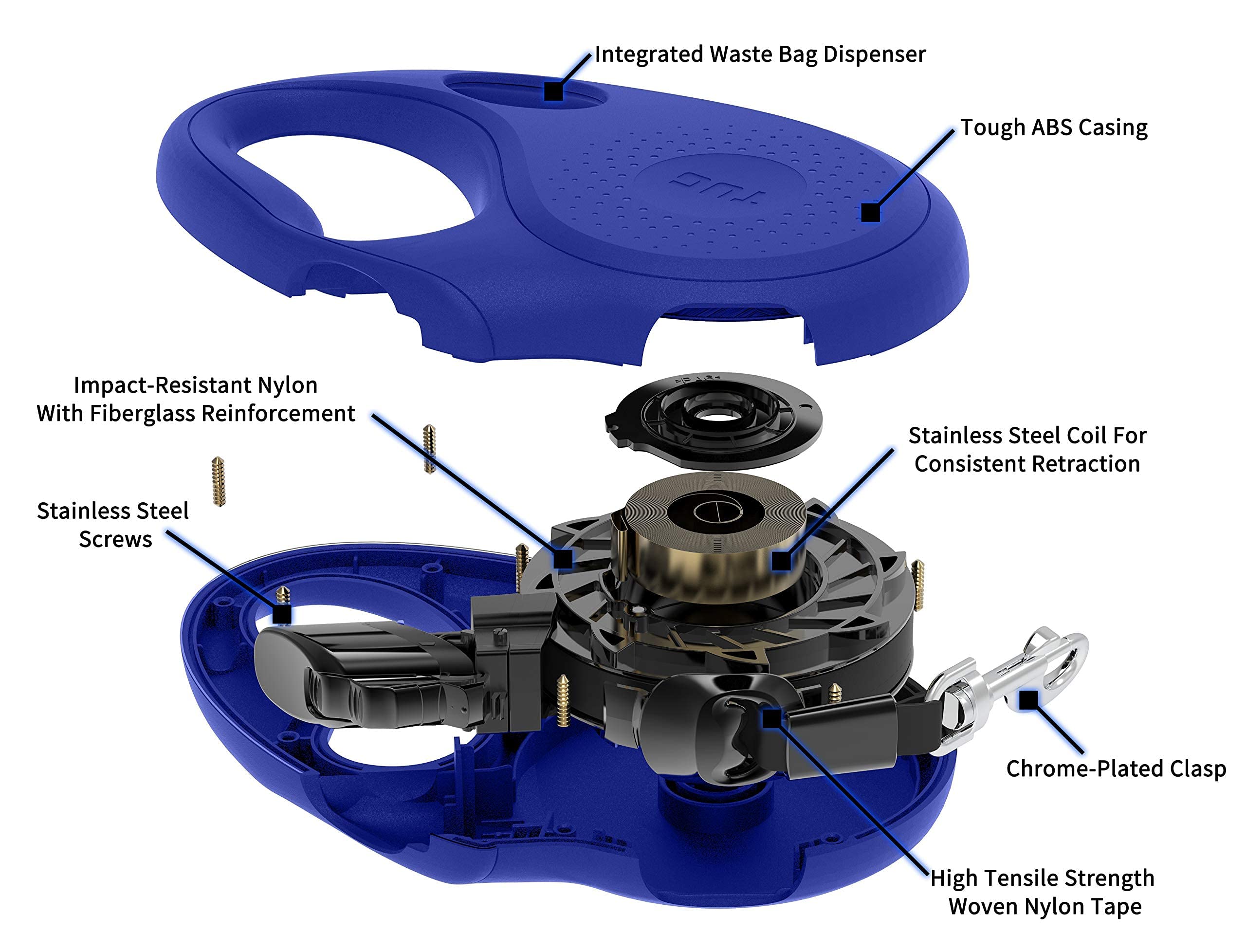 Tug Oval 360 Tangle-Free Retractable Dog Leash With Integrated Waste Bag Dispenser (Medium, Blue)