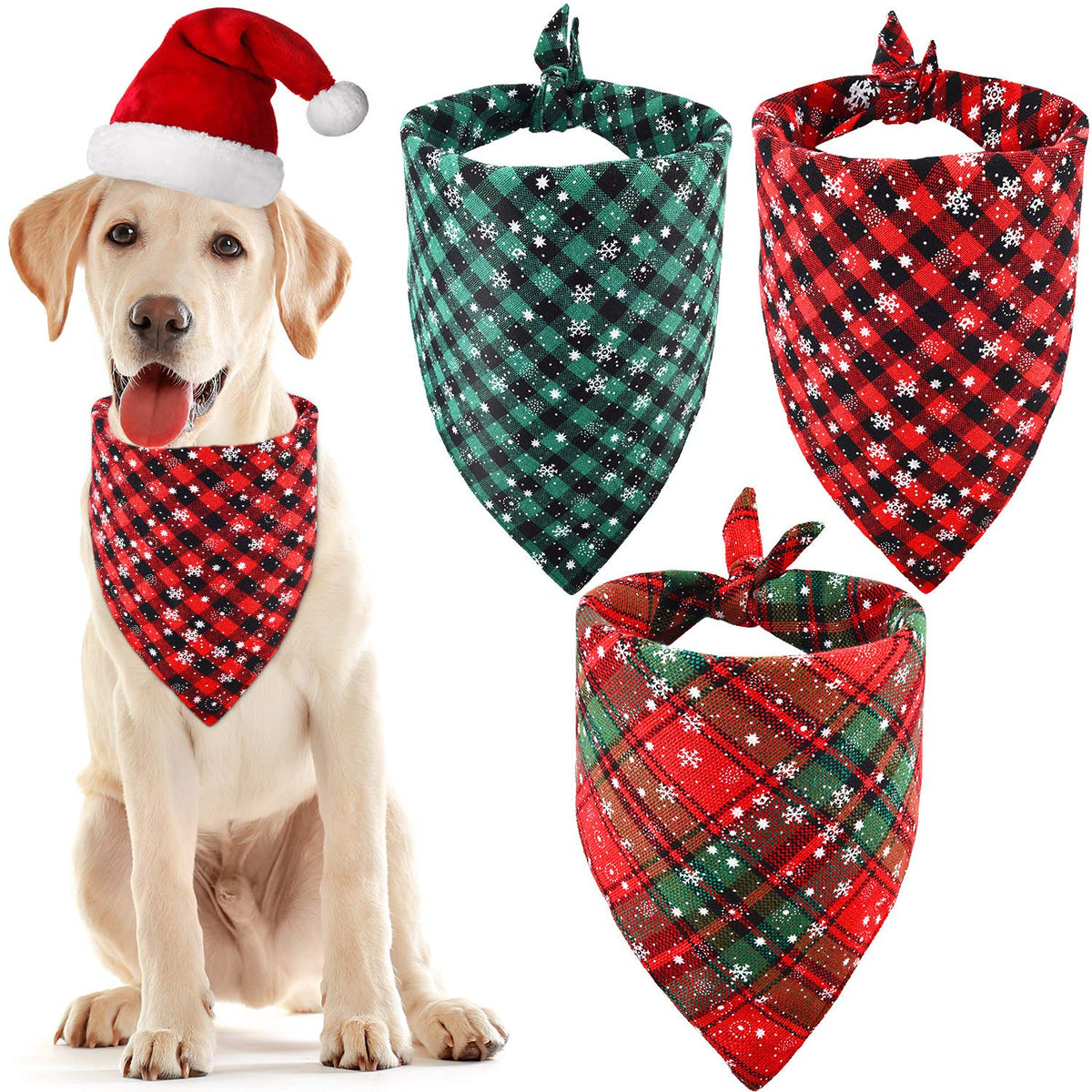 Syhood 3 Pieces Christmas Pet Bandanas Red Green Buffalo Plaid Snowflake Dog Bandanas Pet Bibs Triangle Scarf Accessories Adjustable Kerchief For Christmas Pet Costume