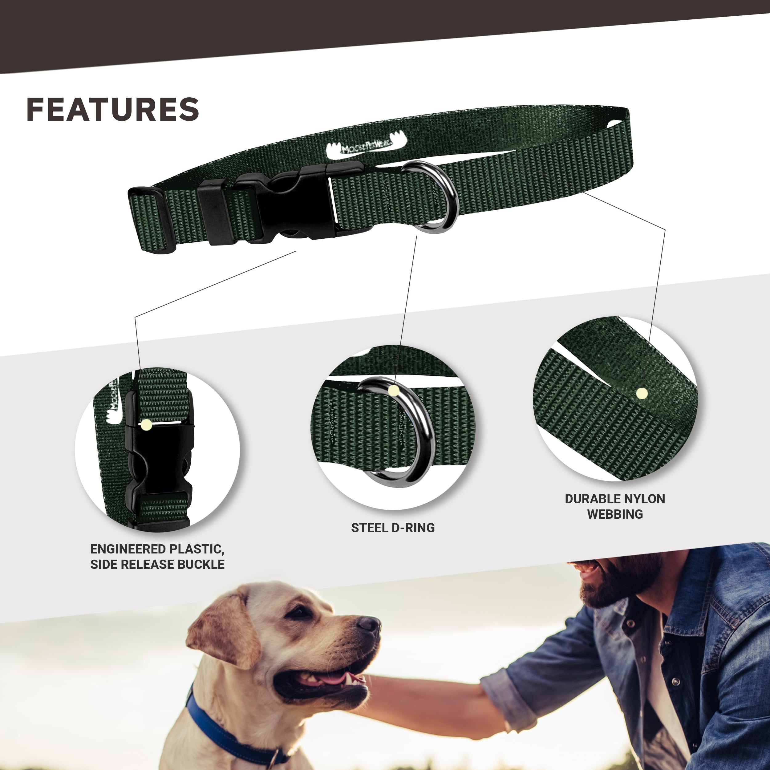 Moose Pet Wear Classic Dog Collar - Adjustable Pet Collars, 3/4 Inch Wide, Medium, Forest Green