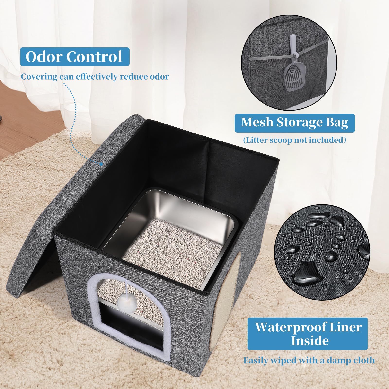 Cat Litter Box Enclosure Furniture, Foldable Hidden Litter Box With Mesh Storage Bag, Litter Box Furniture With Waterproof Insid