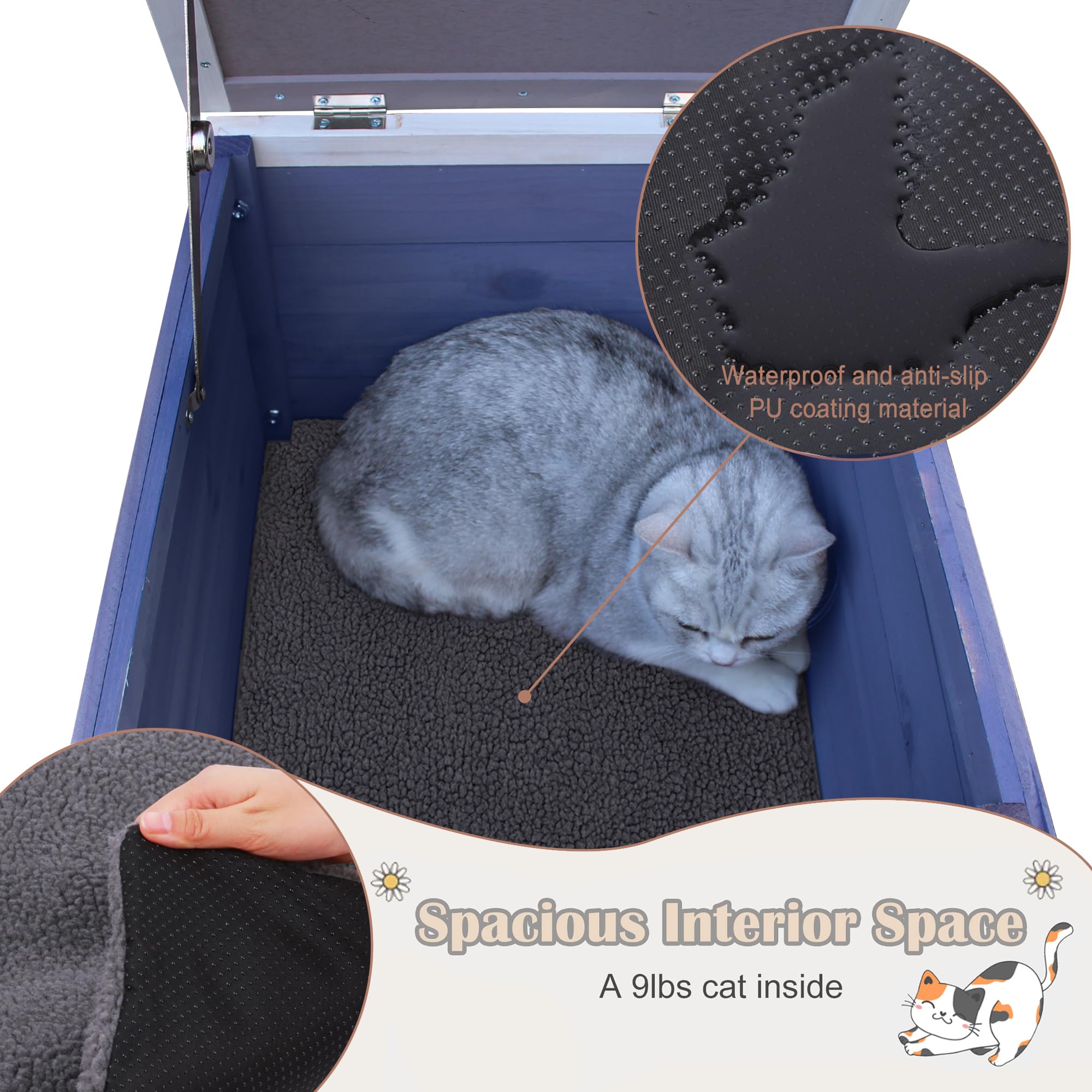 Deblue Outdoor Cat House With Self-Warming Mat, Weatherproof Cat House For Feral Cat, Cat Houses For Outdoor Cats (Blue House Wi