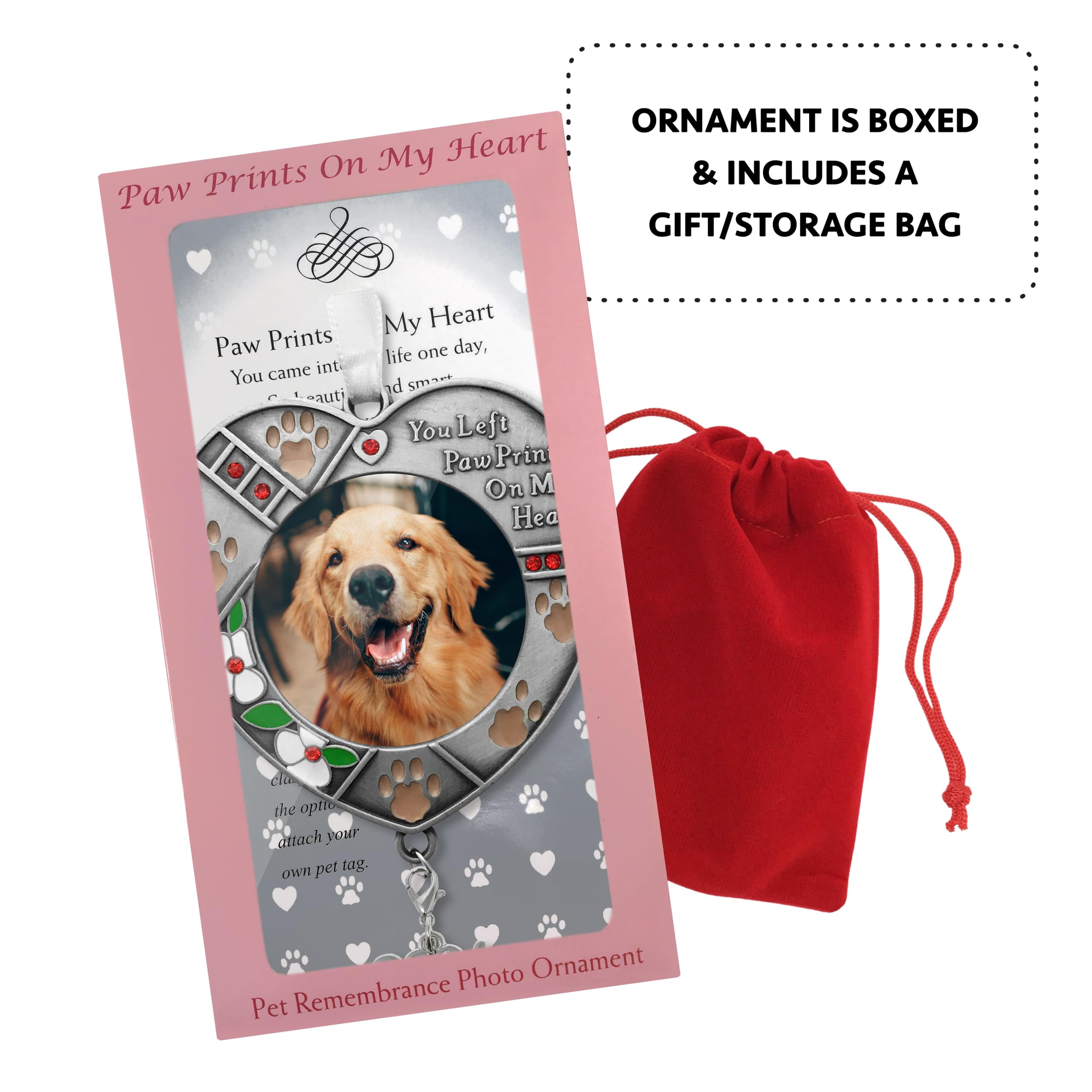 2024 Pet Memorial Christmas Photo Ornament - Hanging Picture Ornament - Paw Prints on My Heart Poem Message - Gift/Storage Bag I
