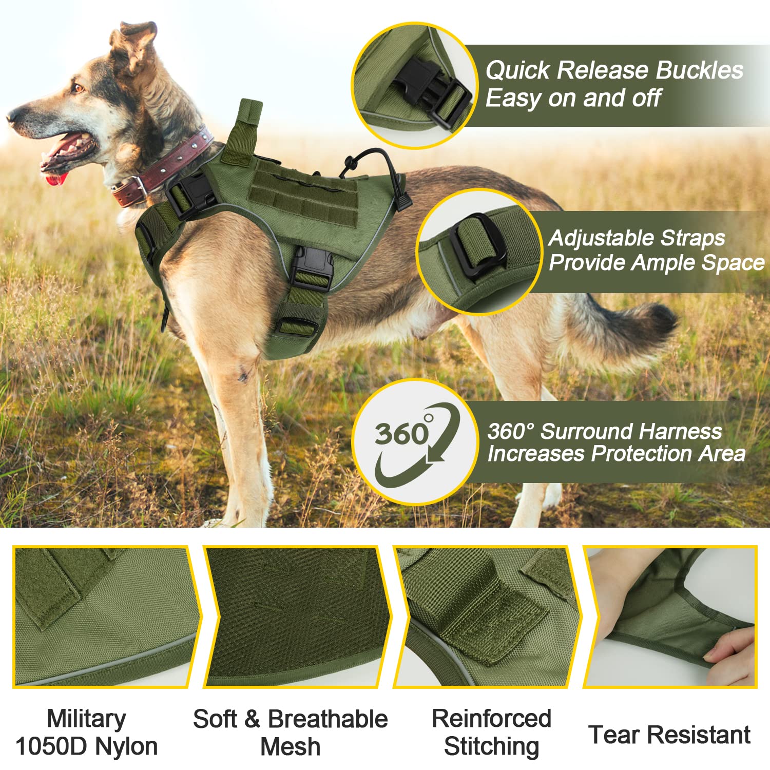 Wingoin Green Tactical Dog Harness Vest For Small Dogs No Pull Adjustable Reflective K9 Military Dog Service Dog Harnesses With Handle For Walking, Hiking, Training(S)