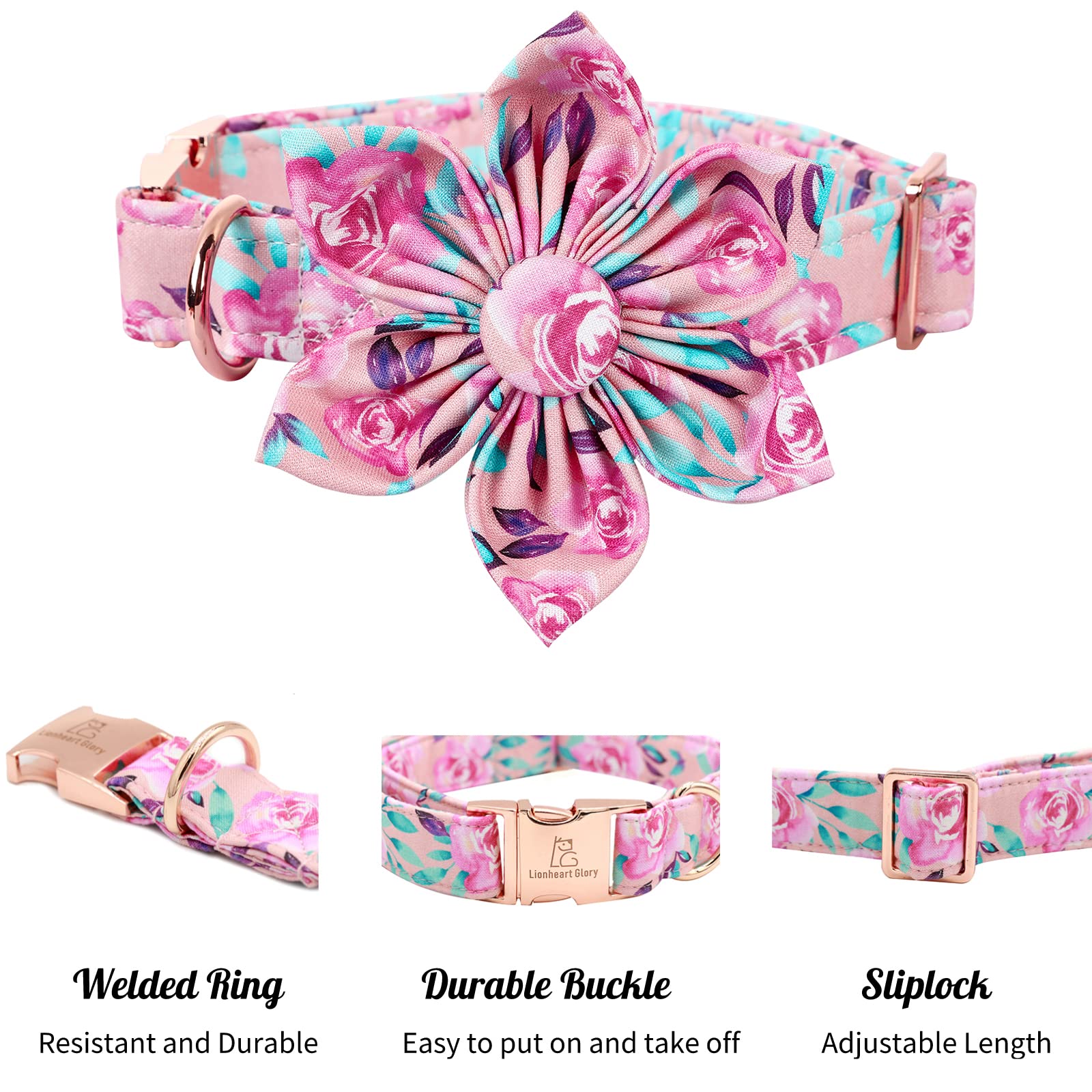 Lionheart Glory Dog Collar, Pink Dog Collar With Flower, Cute Floral Pattern Pet Collar Adjustable Dog Collar For Small Dogs