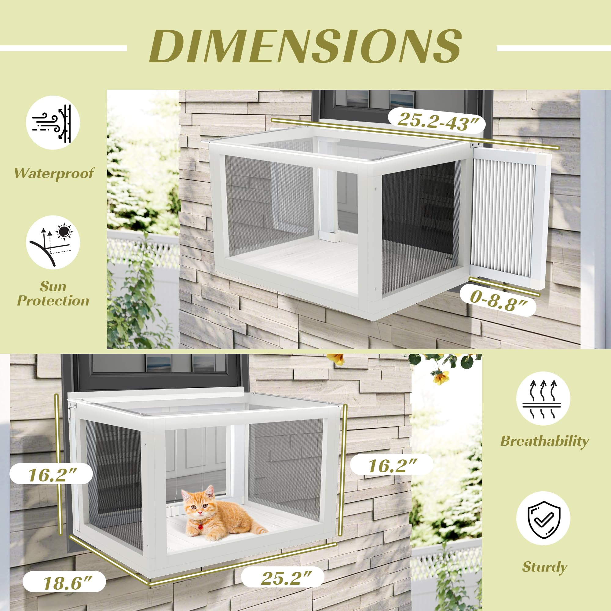 Dephet Cat Window Box, Catio Outdoor Cat Enclosure Window Perch W/Mosquito-Proof Net, Cats House Fits Double Hung Frames 25.2 to