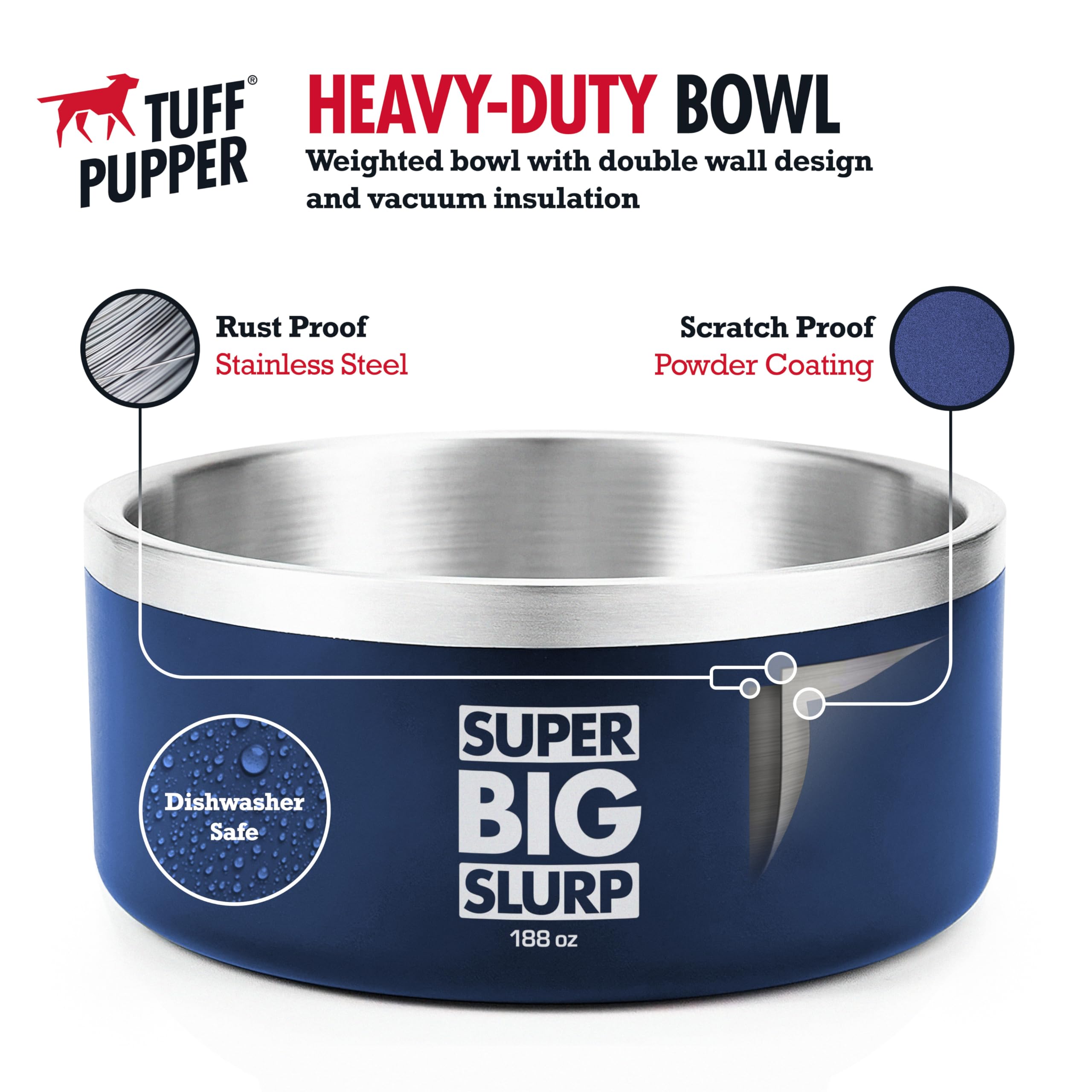 Tuff Pupper Heavy Duty Insulated Dog Bowl | Double Wall Stainless Steel Dog Food Dish | Non-Slip Spill Proof Dishwasher Safe Cat