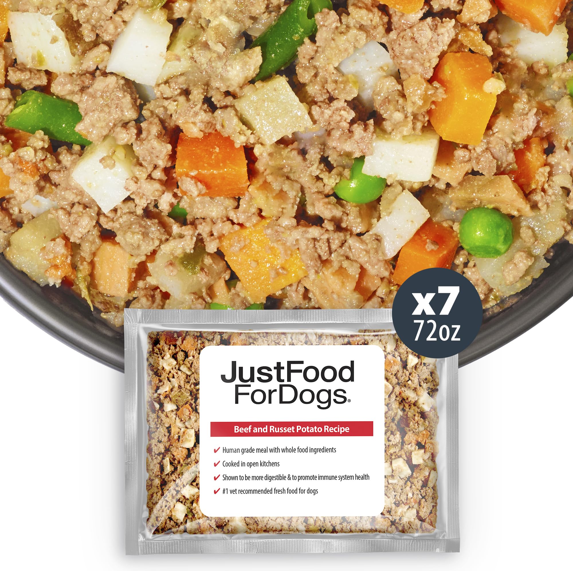 JustFoodForDogs Frozen Fresh Dog Food, Complete Meal or Dog Food Topper, Beef & Russet Potato Human Grade Dog Food Recipe, 72 oz