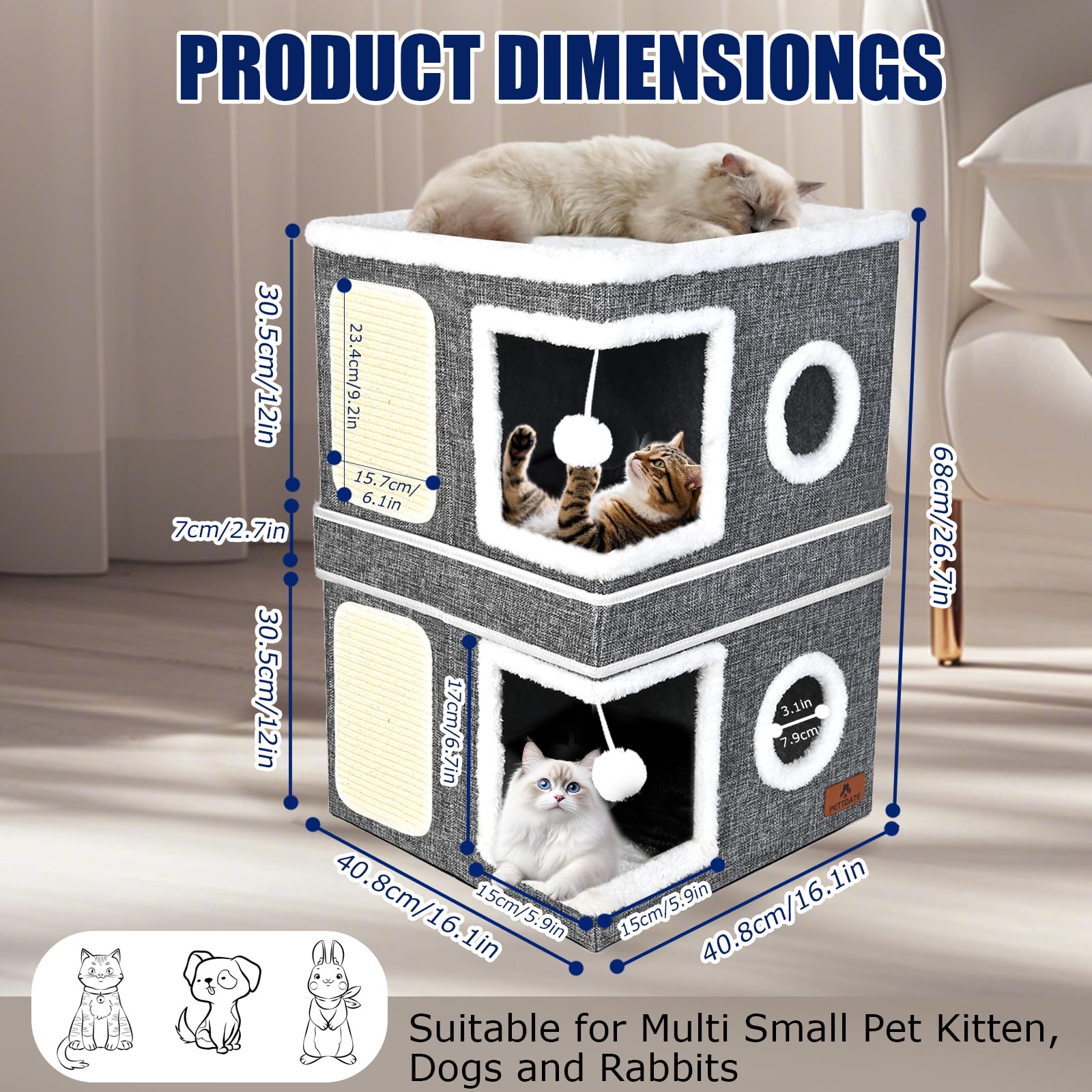 2-Story Cat House For Indoor Cats, Dual-Purpose Cave Bed With Scratch Pad And Fluffy Ball, Foldable Cat Hideaway, Cute Condo Fur