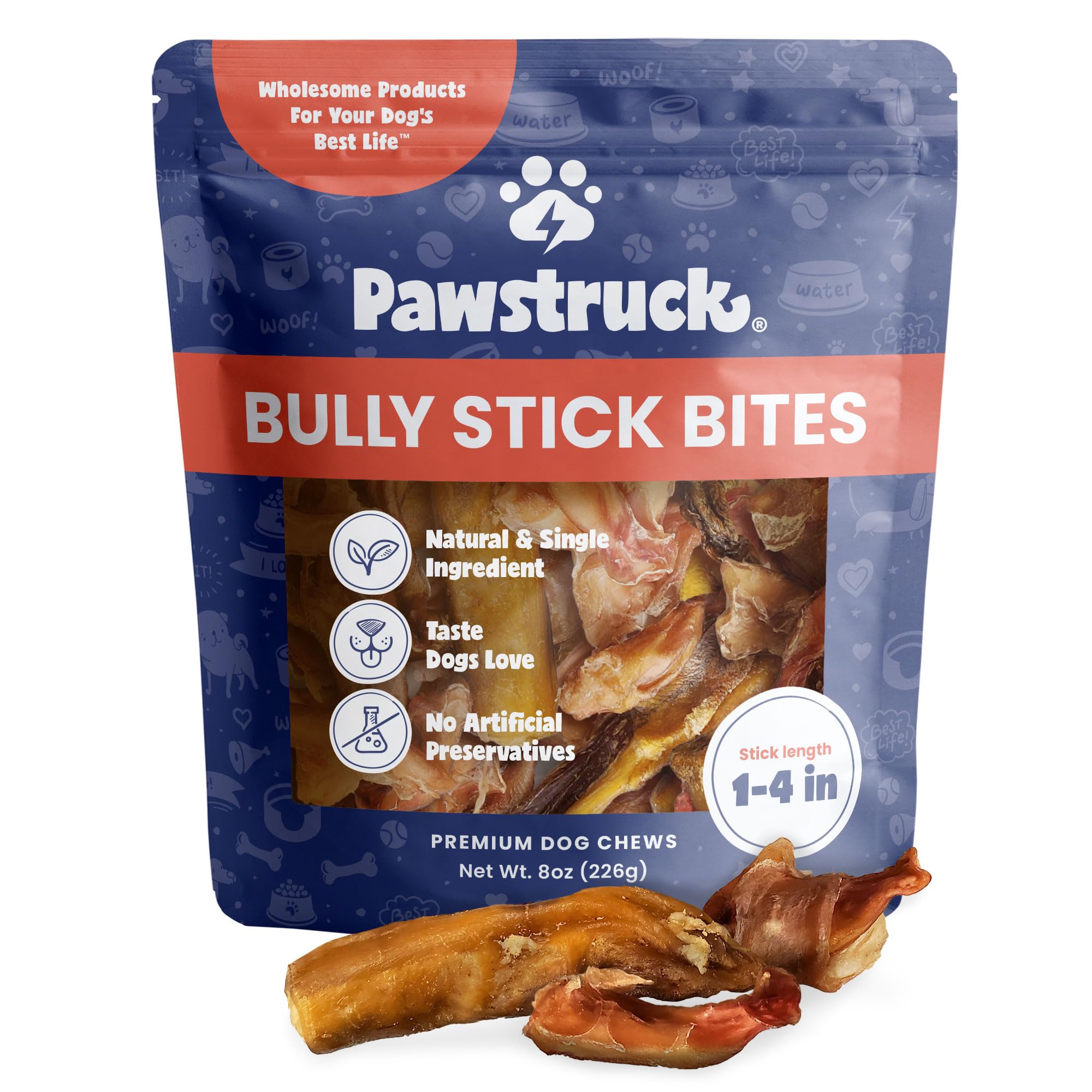 Pawstruck Natural 1-4 Bully Stick Bites for Small Dogs and Puppies - Single Ingredient, Digestible, Rawhide-Free, High-Protein C
