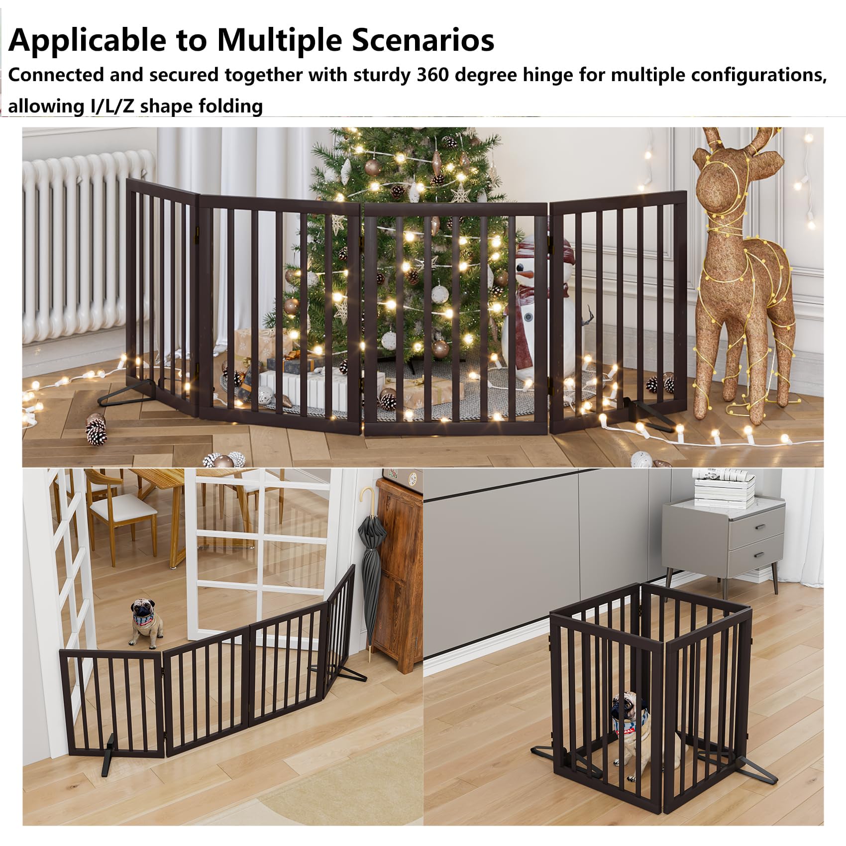 Wooden Dog Gate Freestanding Foldable 4 Panel Pet Gates Extra Wide Dog Gates for Indoor Doorways Stairs 24in Height Support Feet