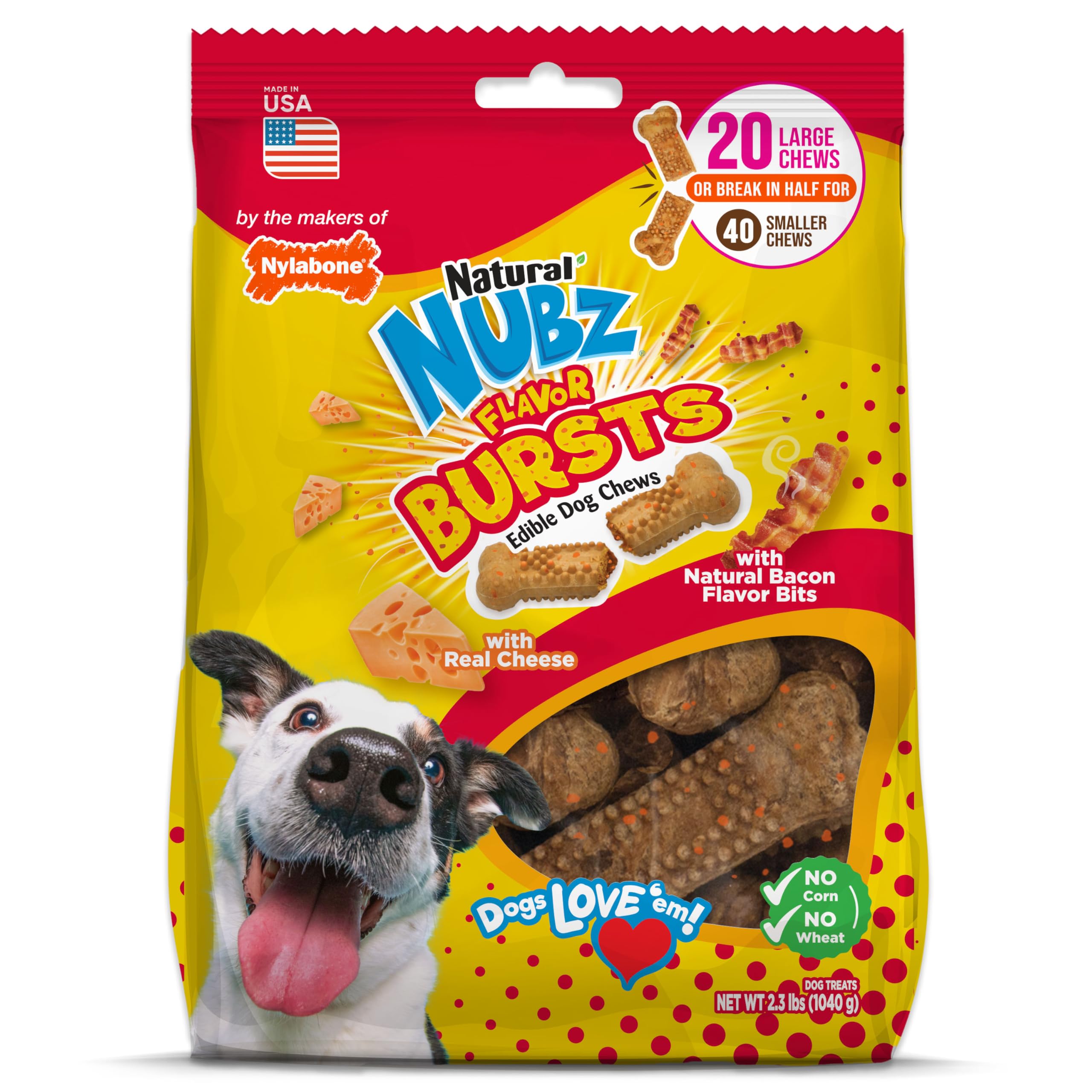 Nylabone Nubz Flavor Bursts Natural Dog Chews for Small Dogs, Long Lasting Chew Bones Made in the USA, Grain-Free Dog Treats, Ba