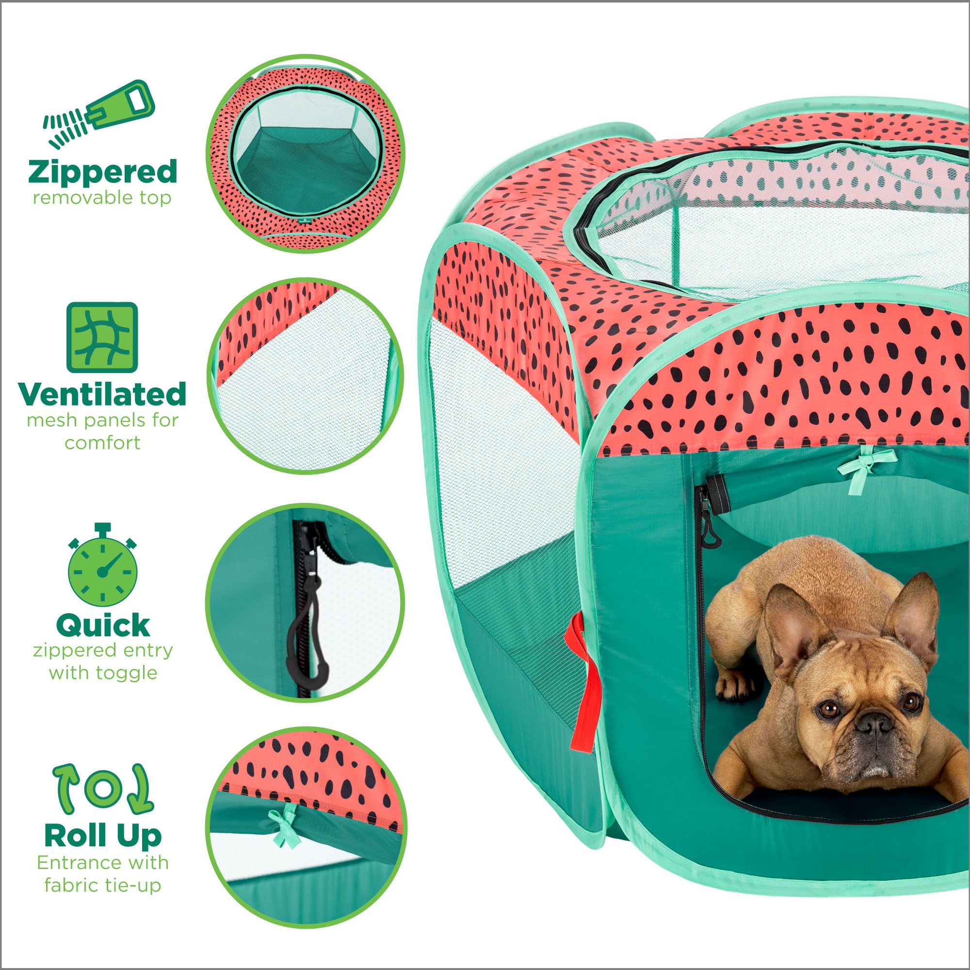 FurHaven Portable Pet Playpen for Dogs & Cats, X-Large, Foldable, Mesh Sides, Green & Pink, Model 87567682
