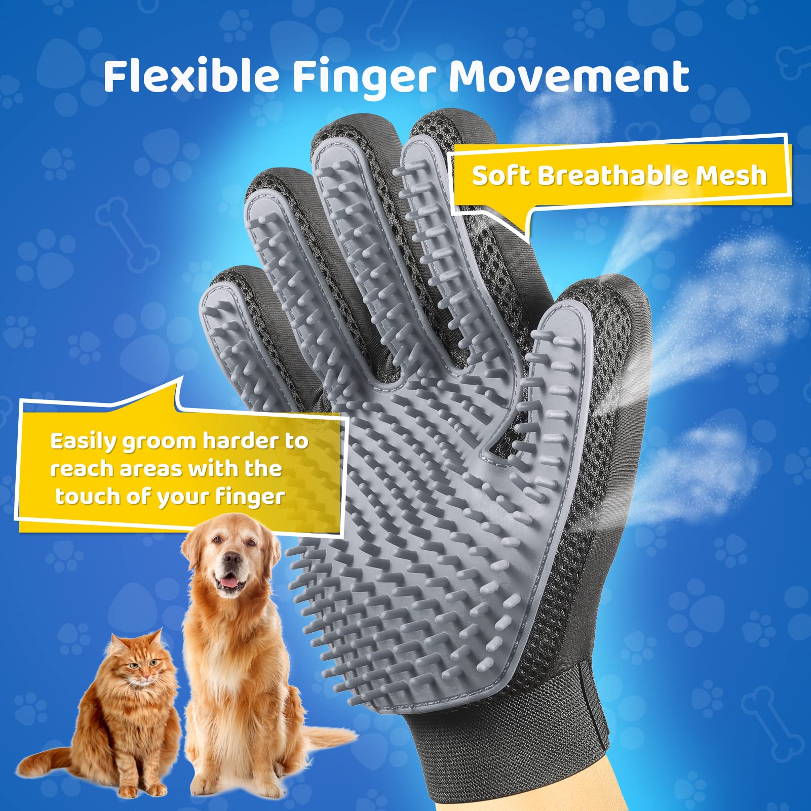 Upgrade Version Pet Grooming Glove - Gentle Deshedding Brush Glove - Efficient Pet Hair Remover Mitt - Enhanced Five Finger Design - Perfect For Dog & Cat With Long & Short Fur - 1 Pair (Gray)