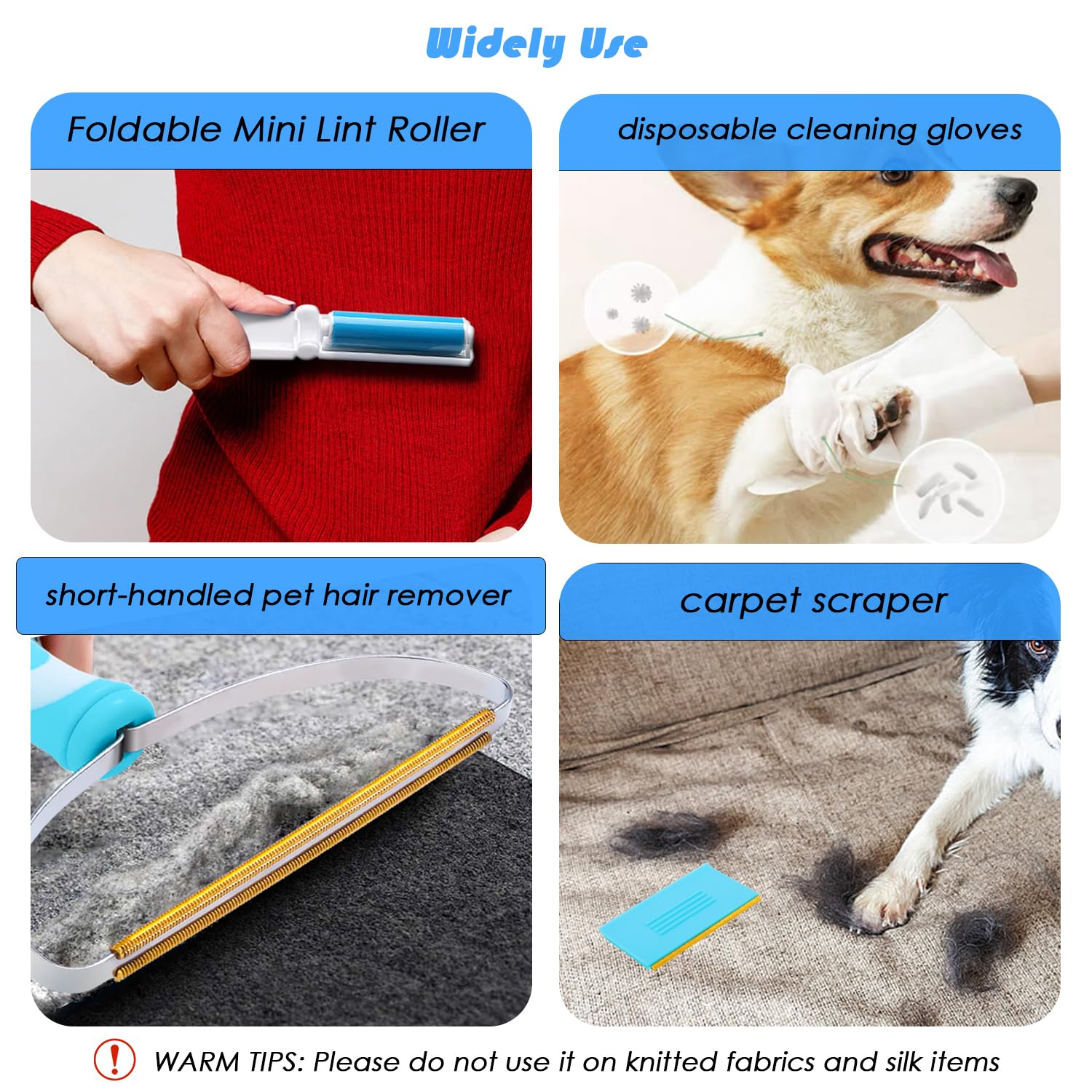 Carpet Rake For Pet Hair Removal | 5-Piece Set With 10 Disposable Cleaning Gloves, Long & Short Handles, Lint Rollers & Scraper