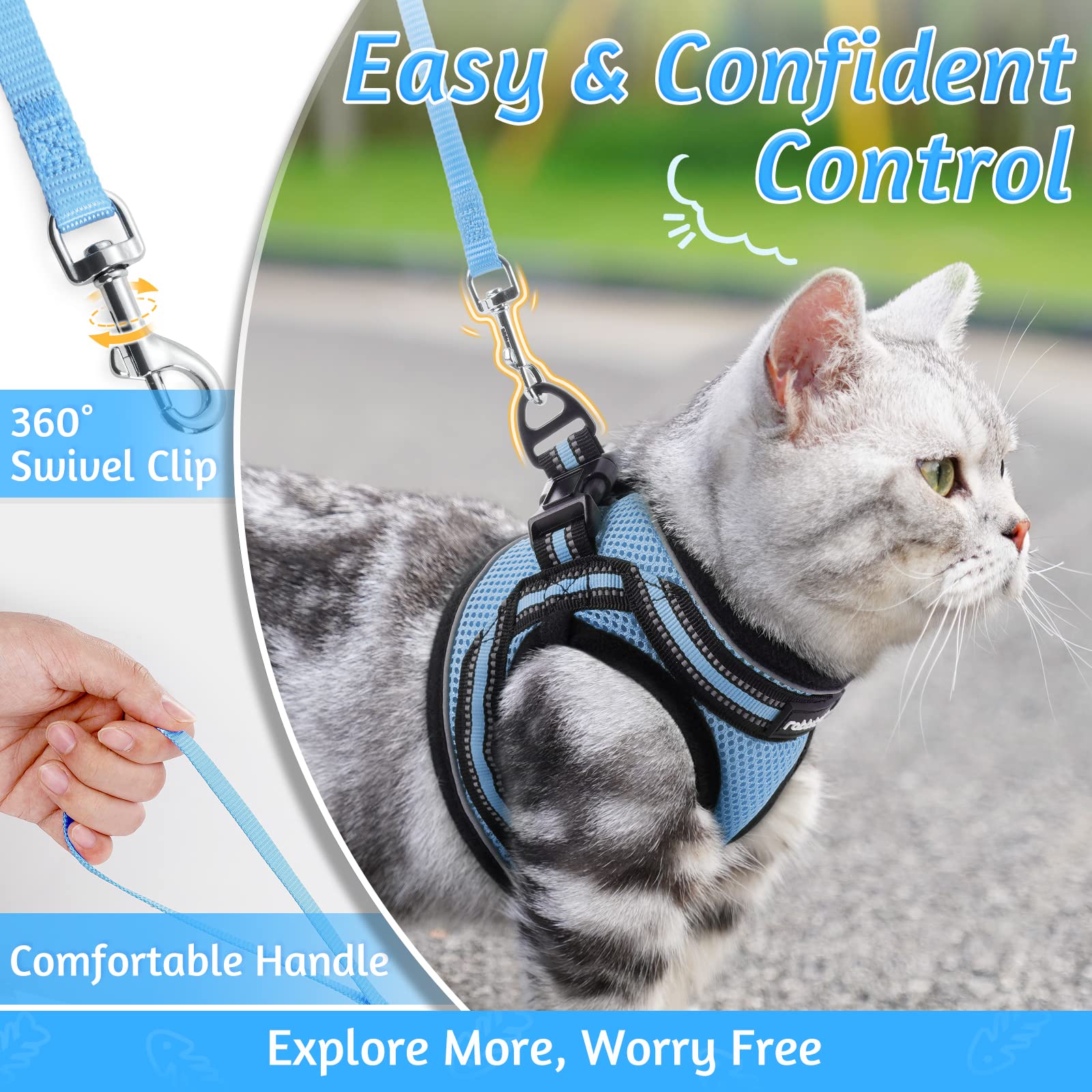 Rabbitgoo Cat Harness And Leash Set For Walking Escape Proof, Adjustable Soft Kittens Vest With Reflective Strip For Cats, Comfortable Outdoor Vest, Light Blue, M