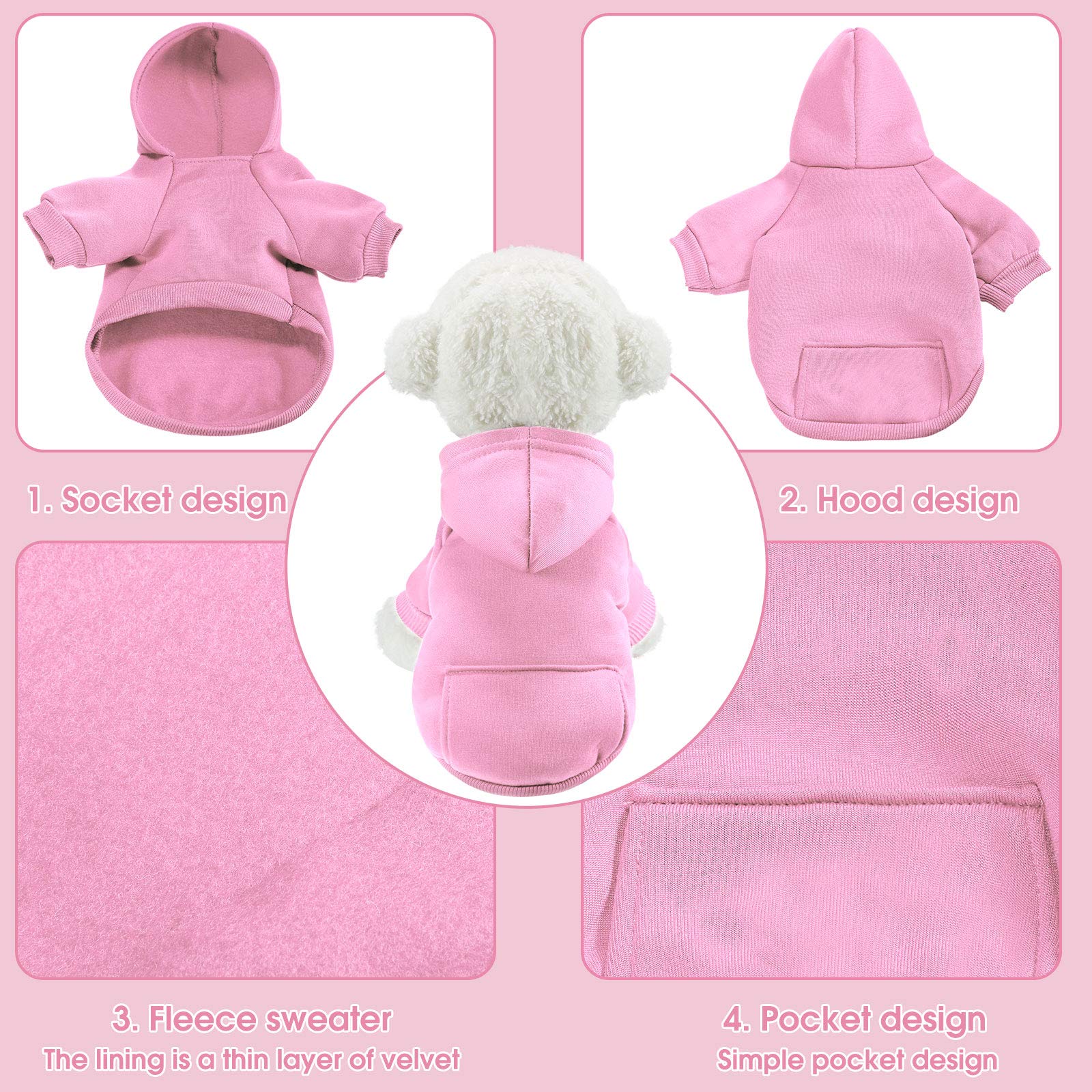 2 Pieces Winter Dog Hoodie Warm Small Dog Sweatshirts with Pocket Cotton Coat for Chihuahua Clothes Puppy Costume(S,Pink, Light