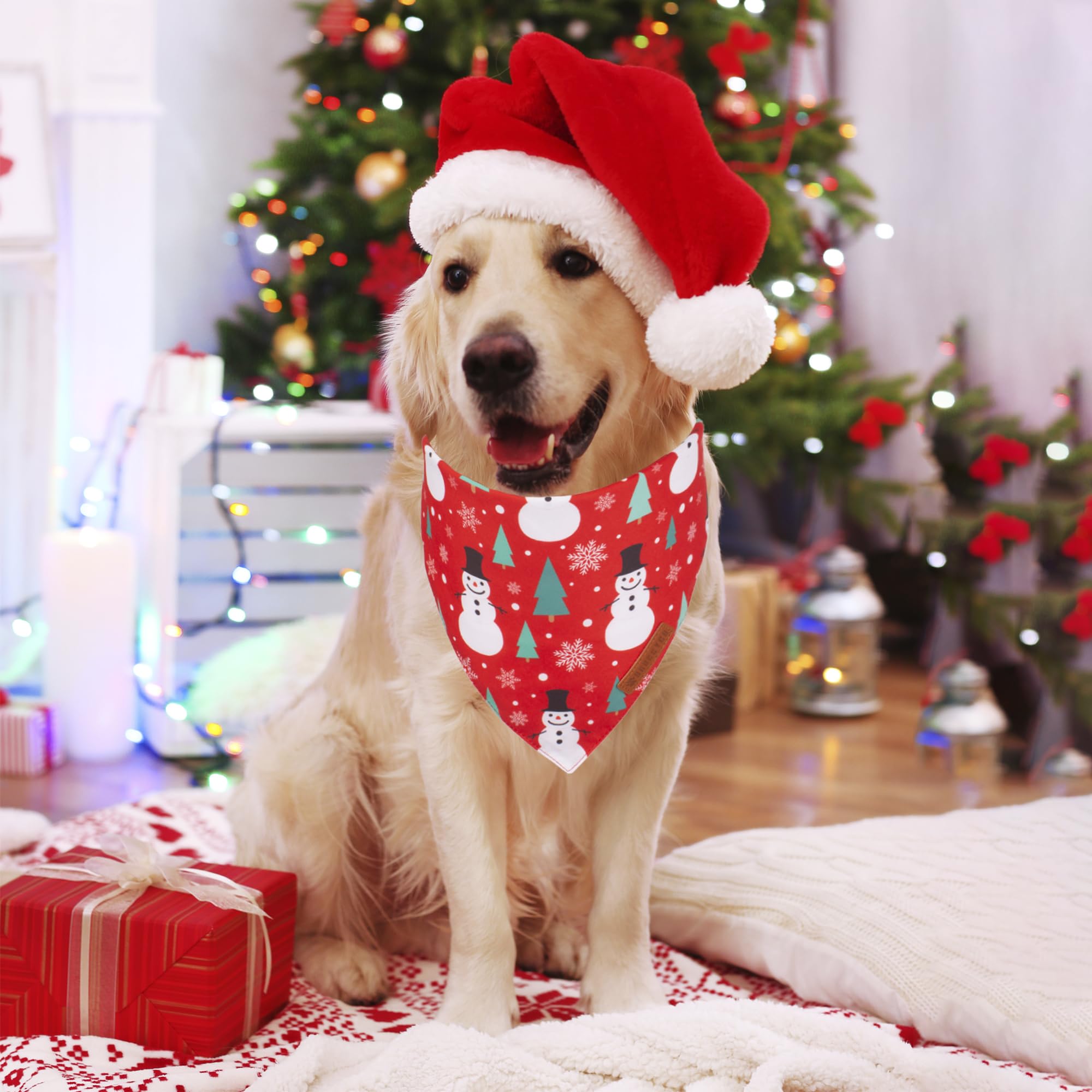 ADOGGYGO Christmas Dog Bandana, Snowman Santa Pet Scarf, Premium Durable Fabric, Adjustable Fit Christmas Bandanas for Extra Lar