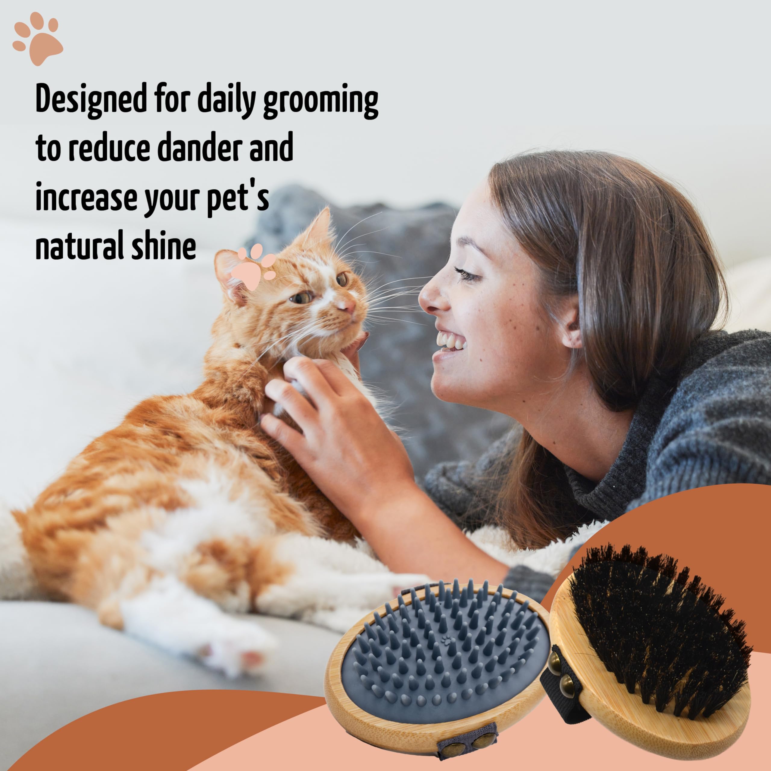 The Buddy System Pet Close Brush, Soft Touch Oval Palm Brush - Bamboo Massage Handheld With Soft Boar Bristles And Elastic Band