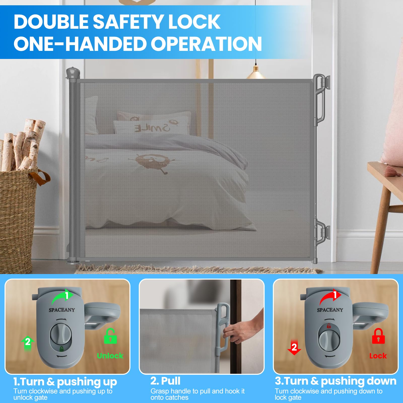 SPACEANY Retractable Baby Gate for Stairs & Doorways - 55 Wide Portable Safety Gate | Fits Baseboards, Easy to Use Indoor/Outdoo