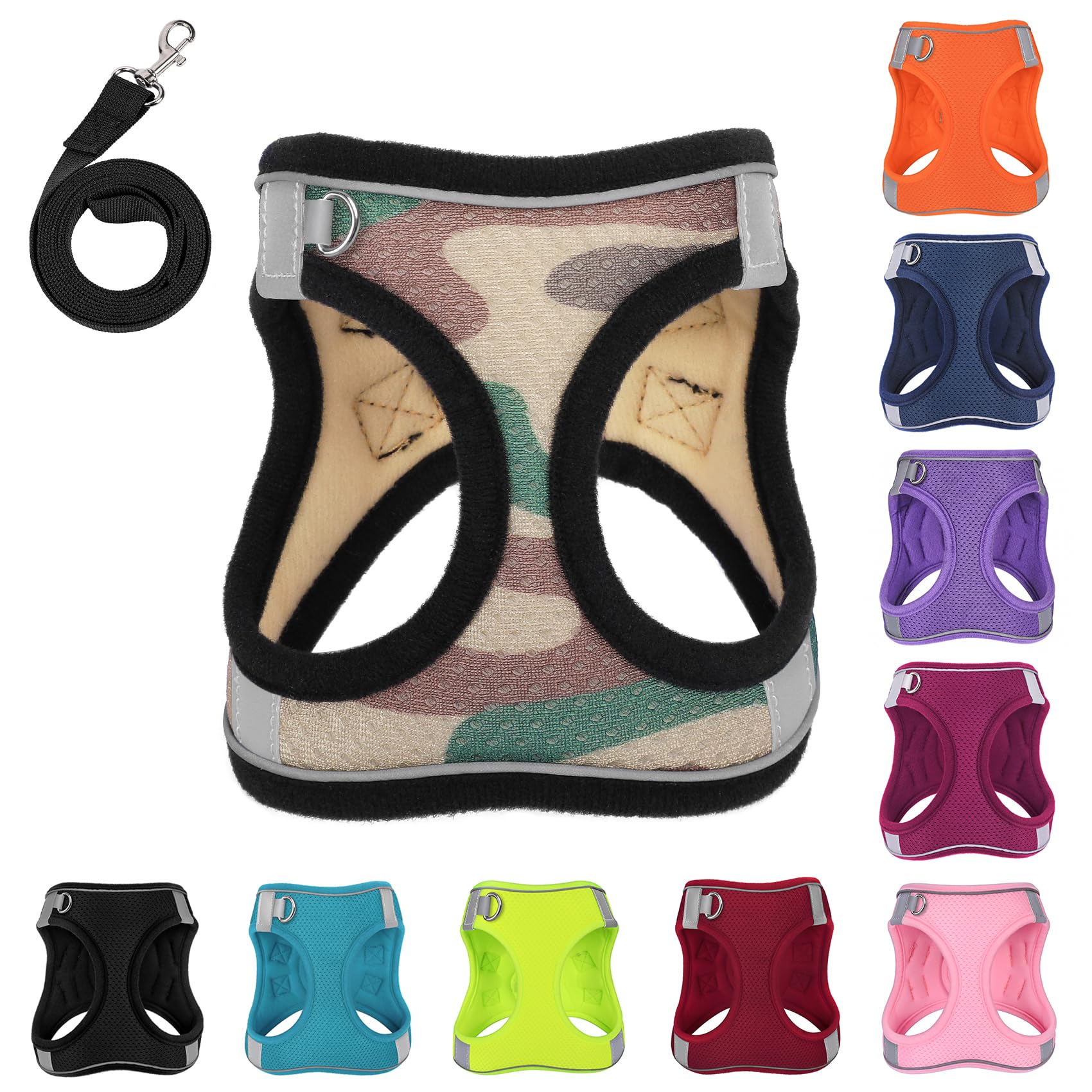 Pwod Dog Harness With Leash Set, No-Pull Step-In Reflective Pet Harness With 1 Leash Clips, Adjustable Soft Padded Easy Walk Dog