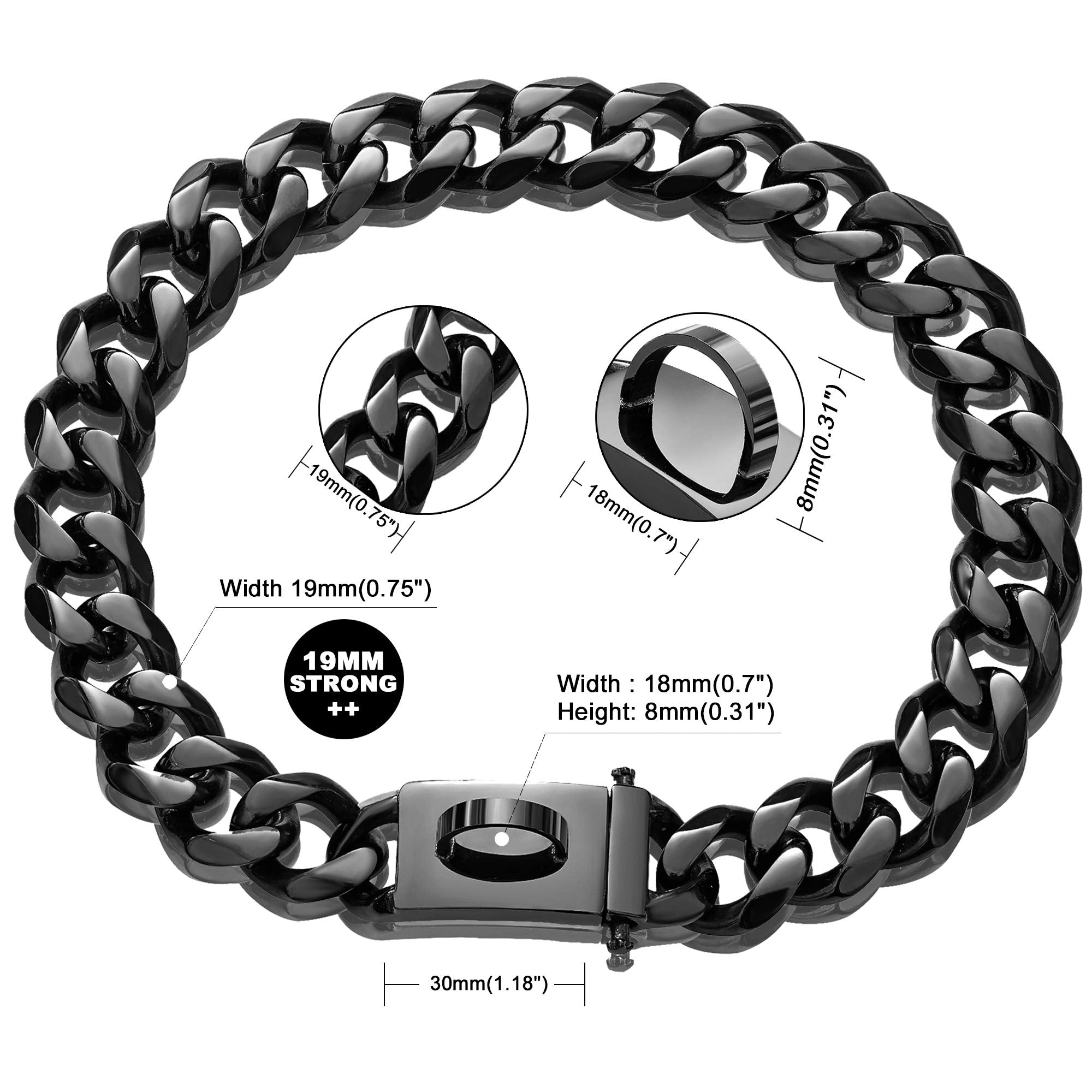 Dog Chain Collar Walking Collar With Design Secure Buckle 19Mm Black Cuban Link Strong Heavy Duty Chew Proof Chain(19Mm, 10'')