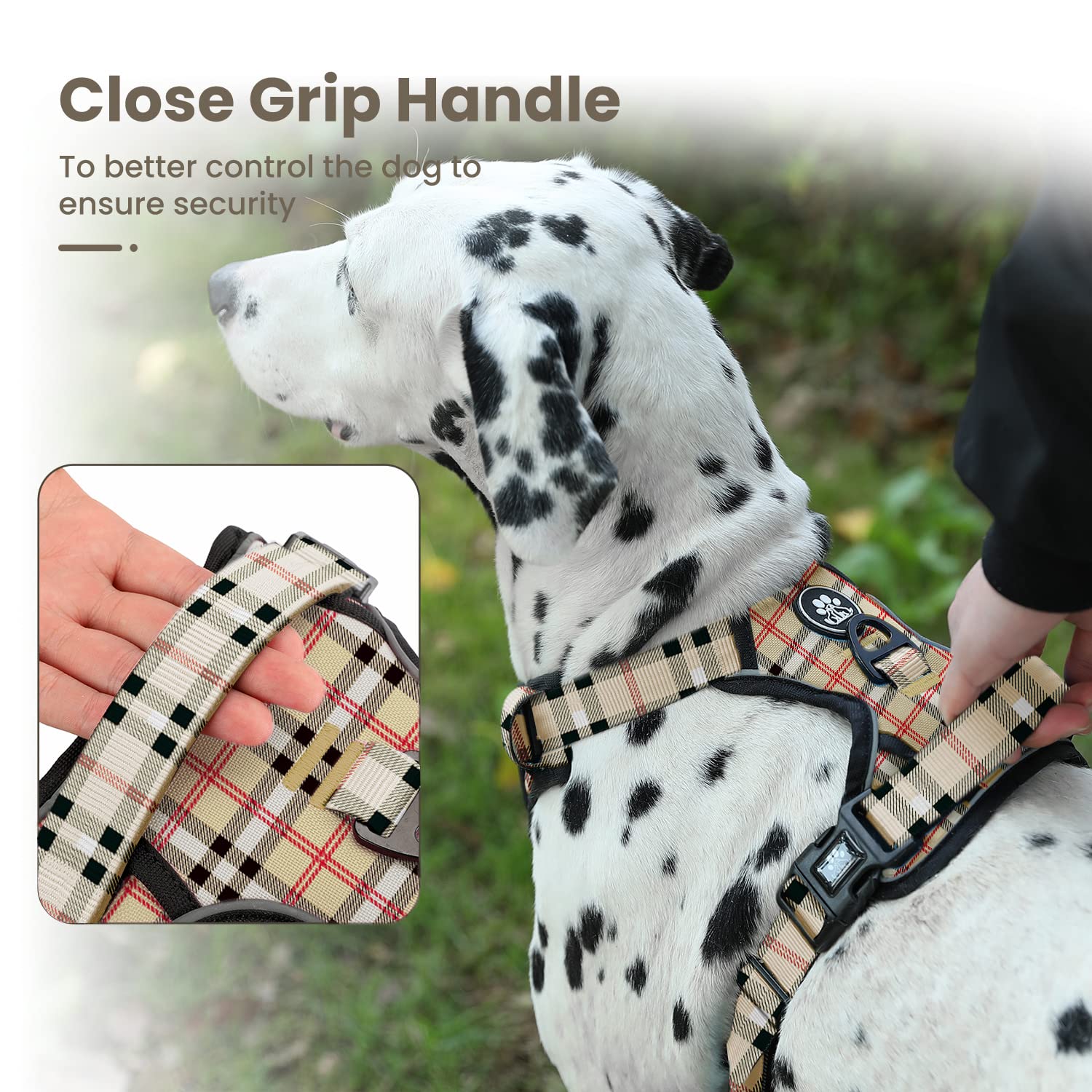 Furryfection Plaid Dog Harness For Large Dogs | No Pull Reflective Pet Harness | No Choke Adjustable Dog Vest Harnesses | With Leash | Easy Control Handle | Front Lead | Seat Belt | Beige&White | Xl