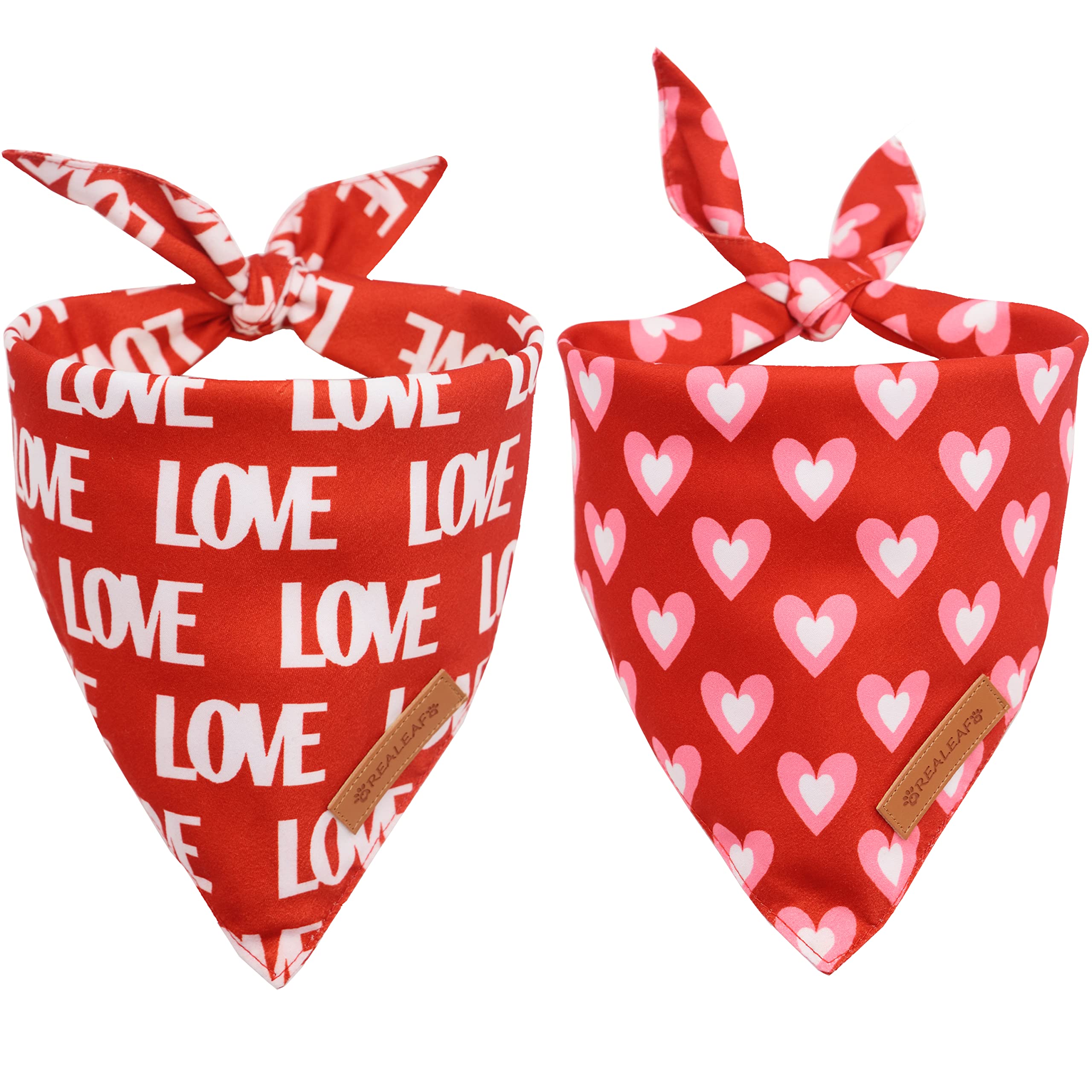 Realeaf Valentine'S Dog Bandanas 2 Pack, Triangle Reversible Love Pet Scarf For Boy And Girl, Premium Durable Fabric, Bandana Fo