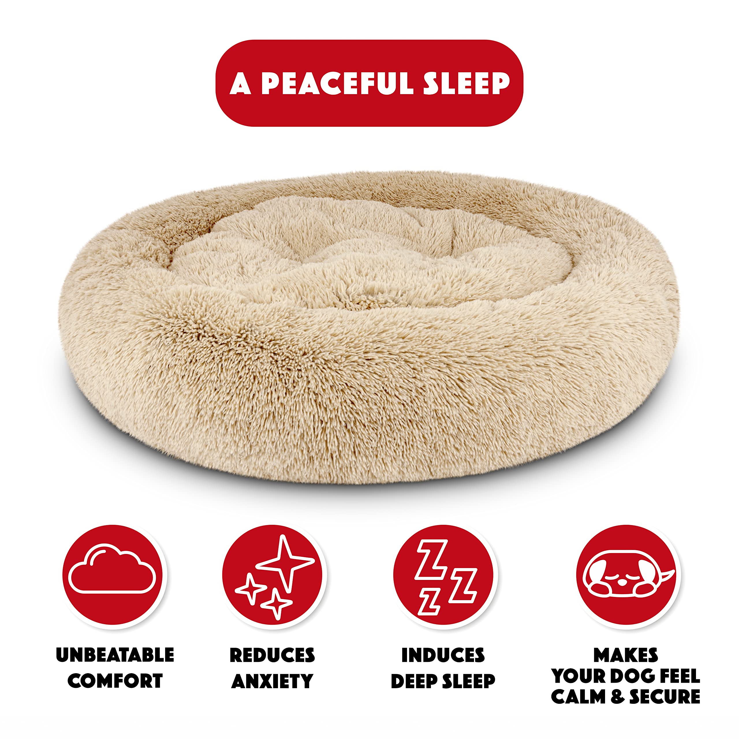 The Dogs Bed Sound Sleep Donut Dog Bed, XL Beige Fur Calming Nest Bed Removable Cover, Veterinary Approved