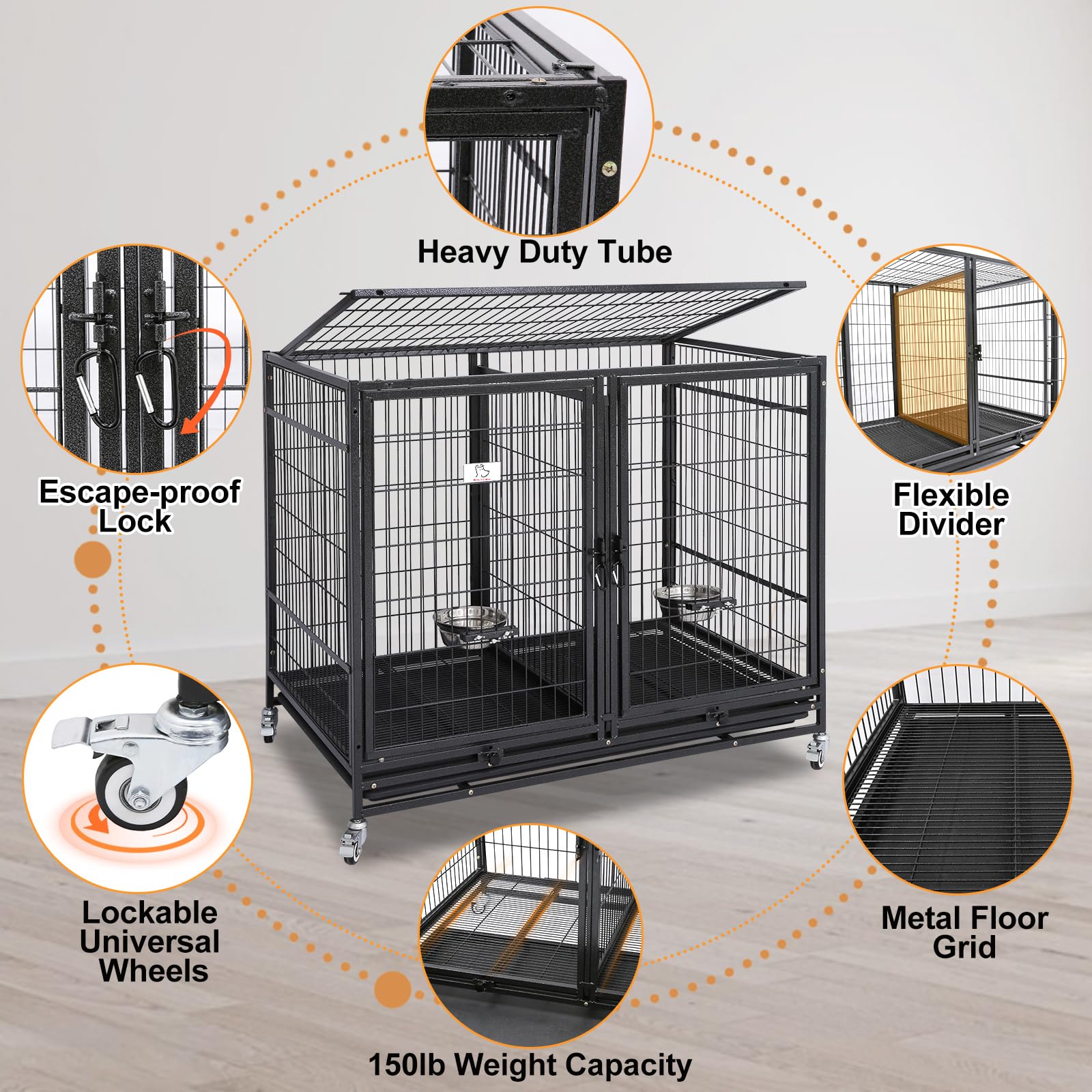 Homey Pet 43 Inch Two Tiers Dog Crate Cage Kennel With Divider, Stackable Heavy Duty Dog Crate For Large Dogs, Escape Proof Inde