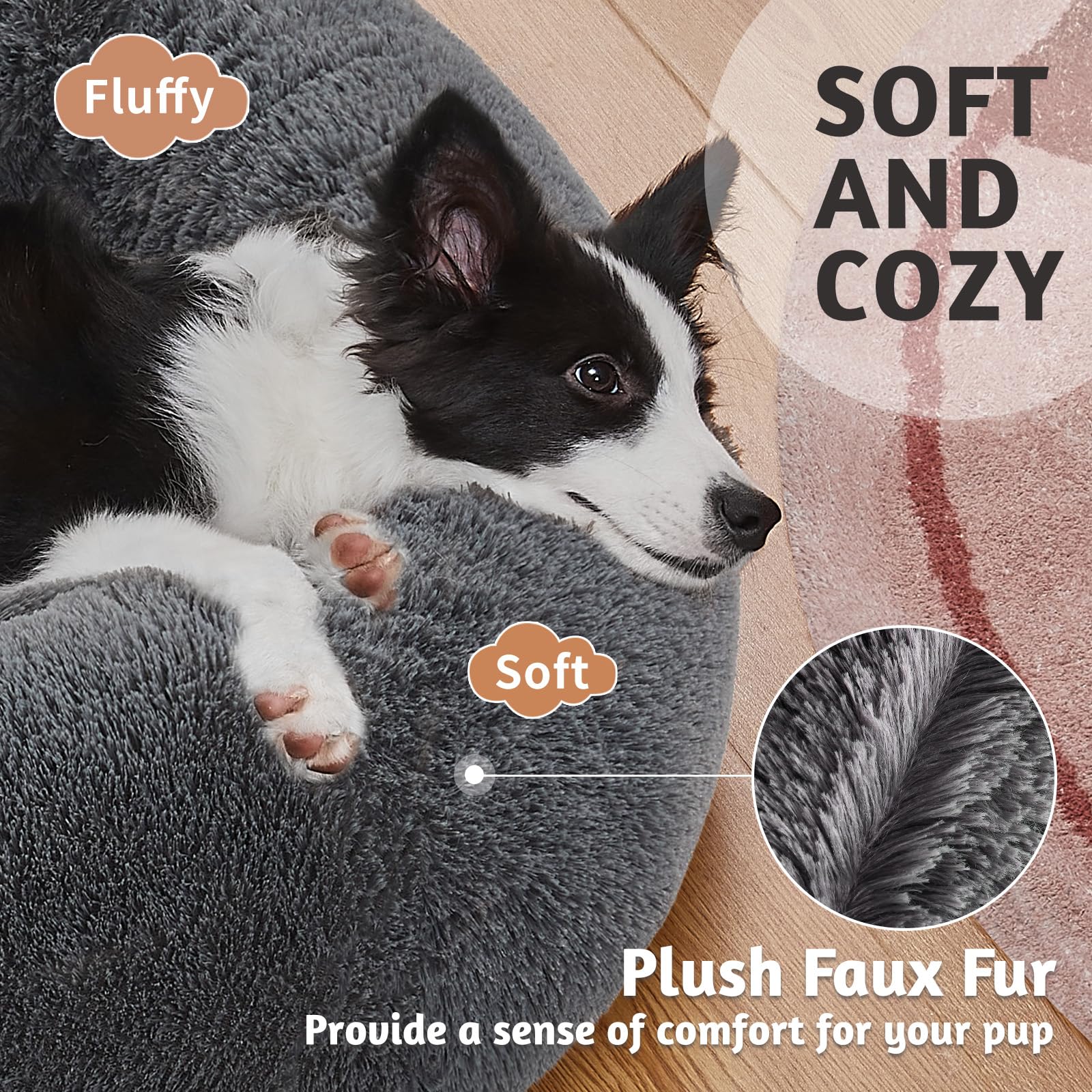 Ohgeni Calming Donut Dog Bed Pillow For Large Pets, Machine Washable Removable Cover, Comfort Plush Fluffy Faux Fur With Anti-Slip Bottom, Cats-Friendly Round Cuddly Design, Gray, 36 Inches