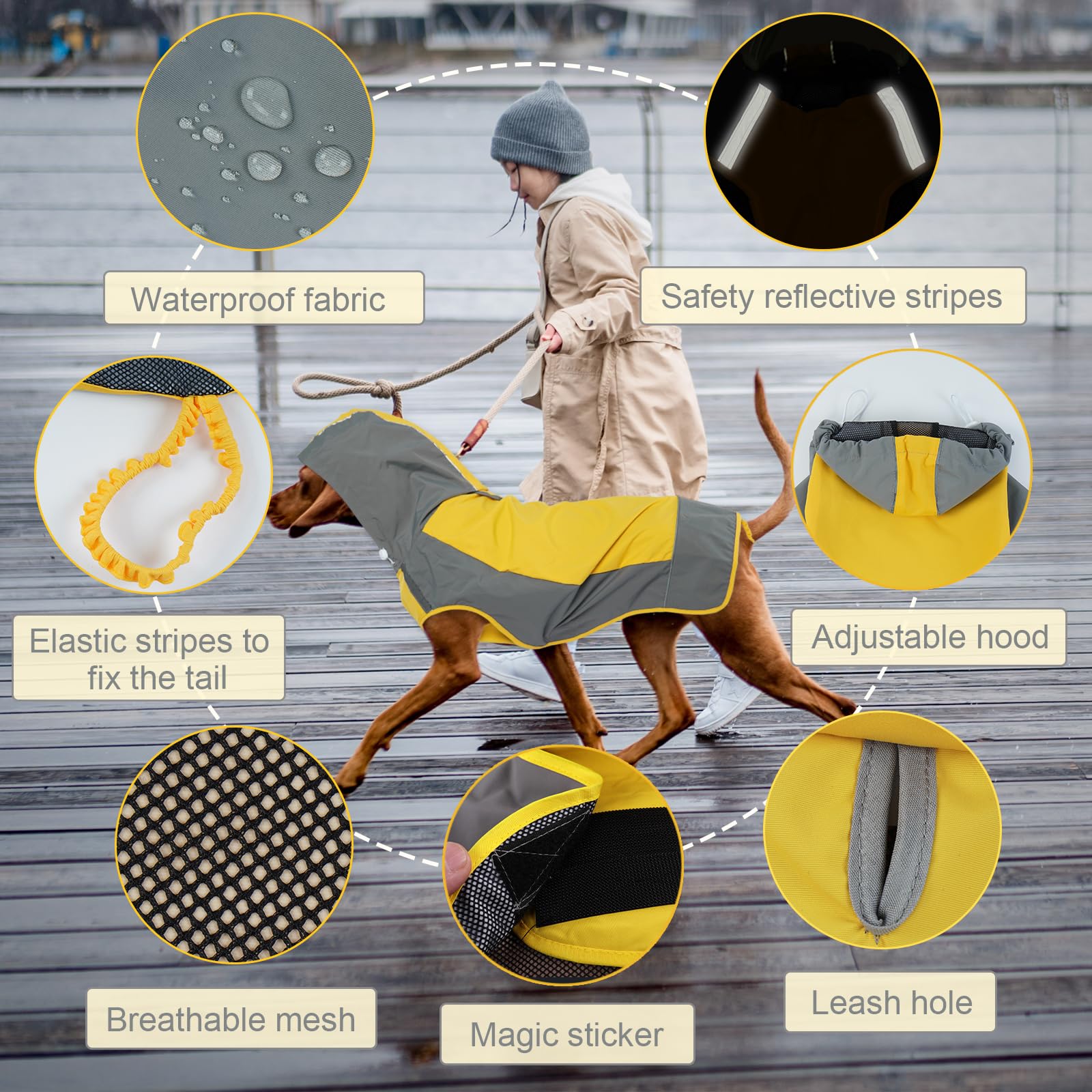 Iecoii Dog Raincoat,Waterproof Rain Jacket For Medium Dogs,Adjustable Pet Rain Coat With Magic Sticker Closure,Reflective Doggy