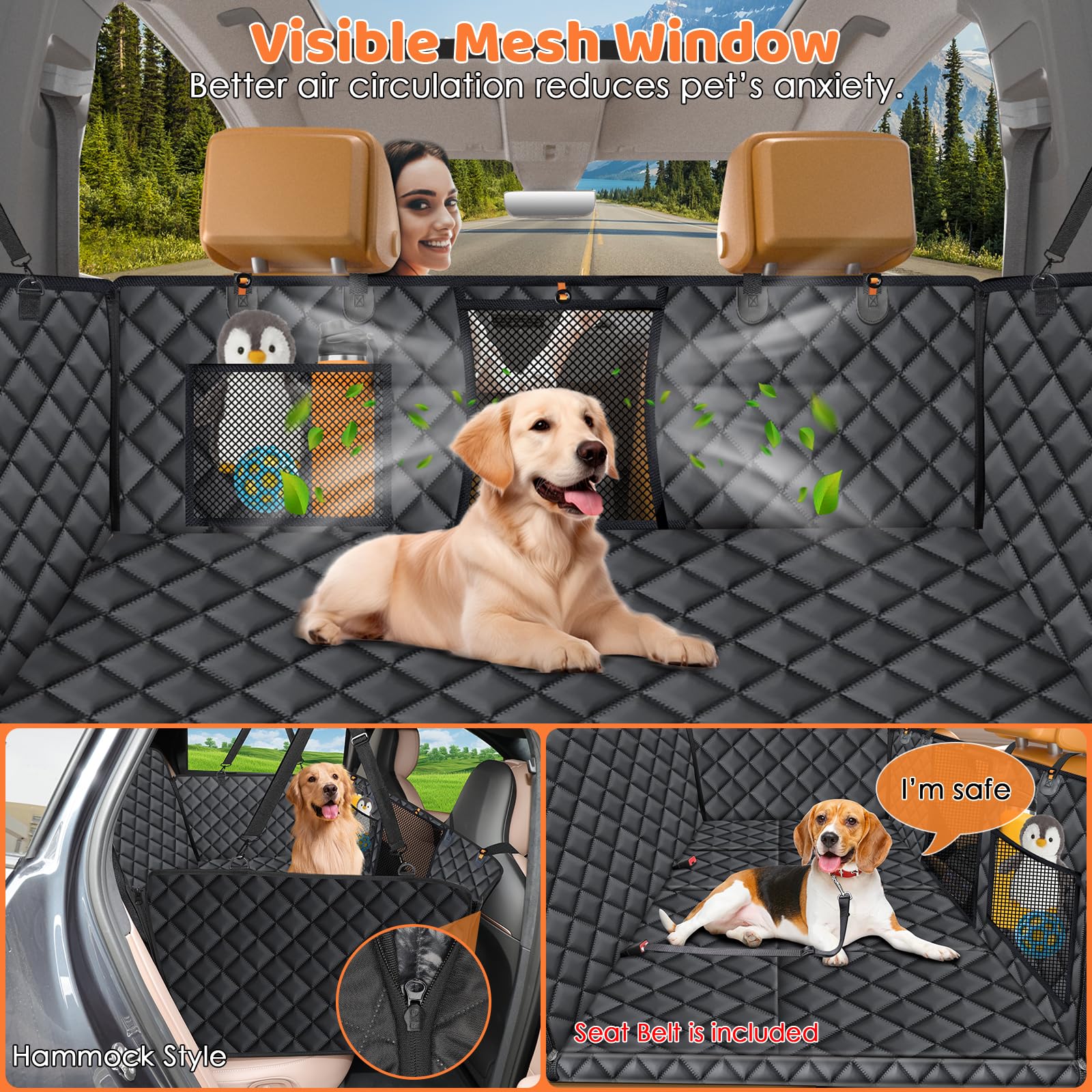 Urpower Backseat Extender For Dogs - Hard Bottom Dog Car Seat Cover For Back Seat, Foldable Dog Hammock For Car, Suv, And Truck,