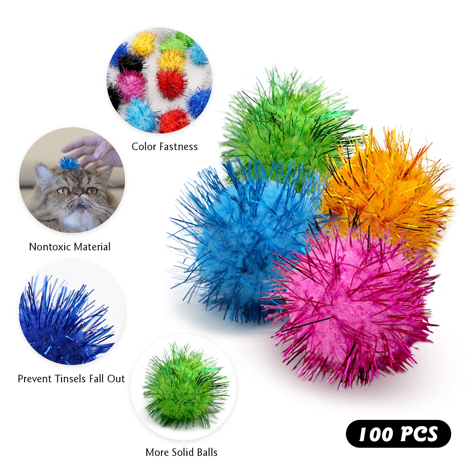 Rimobul 100Pcs 1.5 Inch Cat Toy Balls Extra Large Sparkly Cat'S Favorite Chase Glitter Ball Toy Sparkle Pom Pom Balls