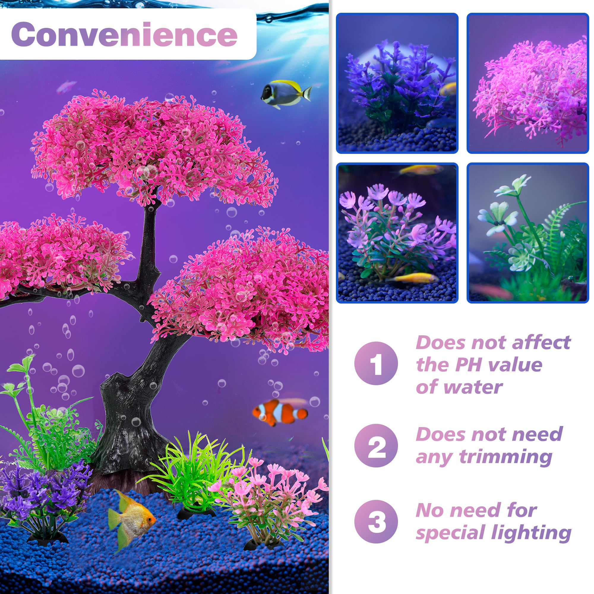 Ameliade Aquarium Artificial Plastic Plants Decoration, Pink Cherry Blossom Tree & Grass Aquarium Decor Set, Goldfish Betta Fish Tank Decorations Hides Accessories(Pink