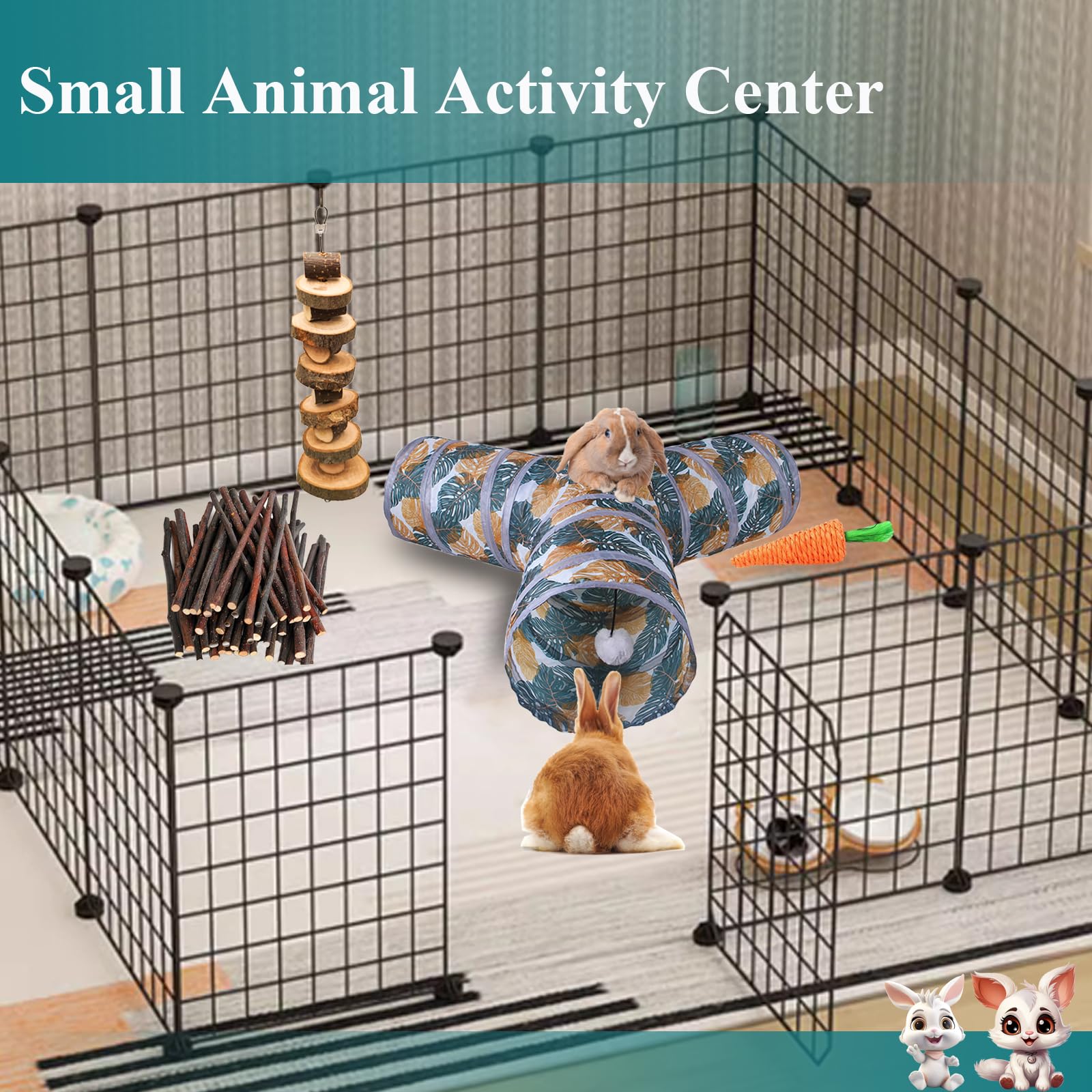 Grddaef Bunny Tunnel, Collapsible 3 Way Rabbit Tunnel And Tubes With Small Animal Hideout Chew Toys For Rabbit Guinea Pig Ferret