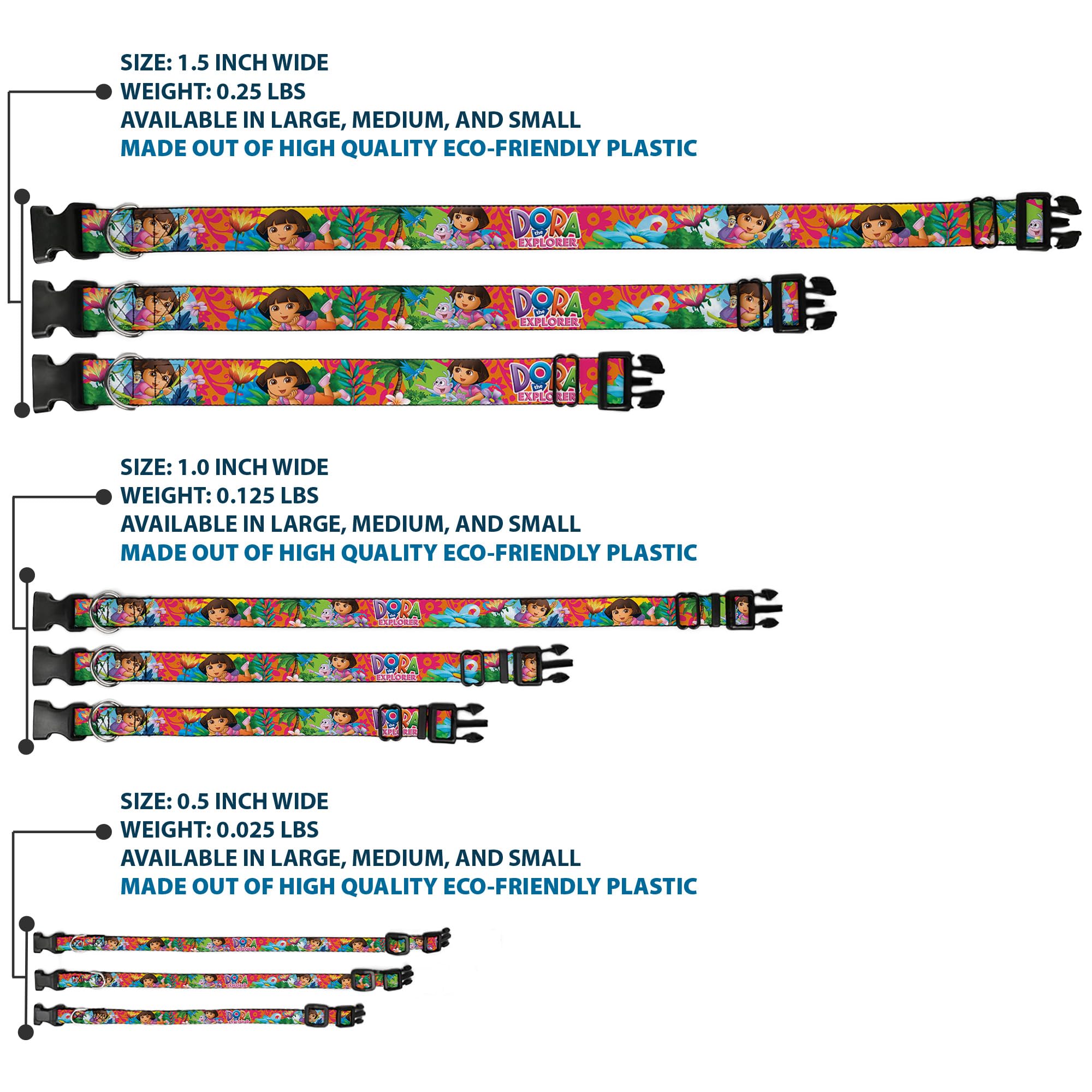 Buckle-Down Dog Collar Plastic Clip Dora The Explorer Dora Poses Floral Collage Orange Pink 15 To 26 Inches 1.0 Inch Wide, Multi