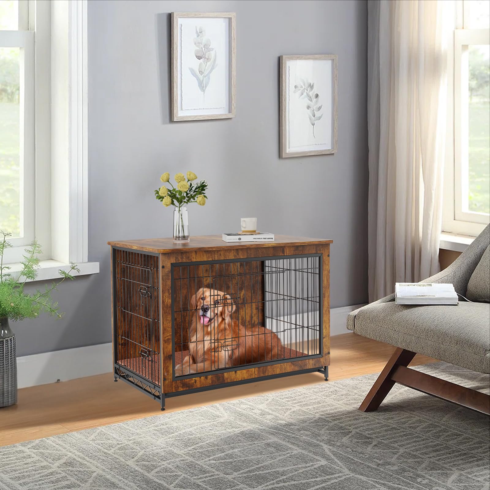 VEVOR Dog Crate Furniture, 38 inch Wooden Dog Crate with Double Doors, Heavy-Duty Dog Cage End Table with Multi-Purpose Removabl