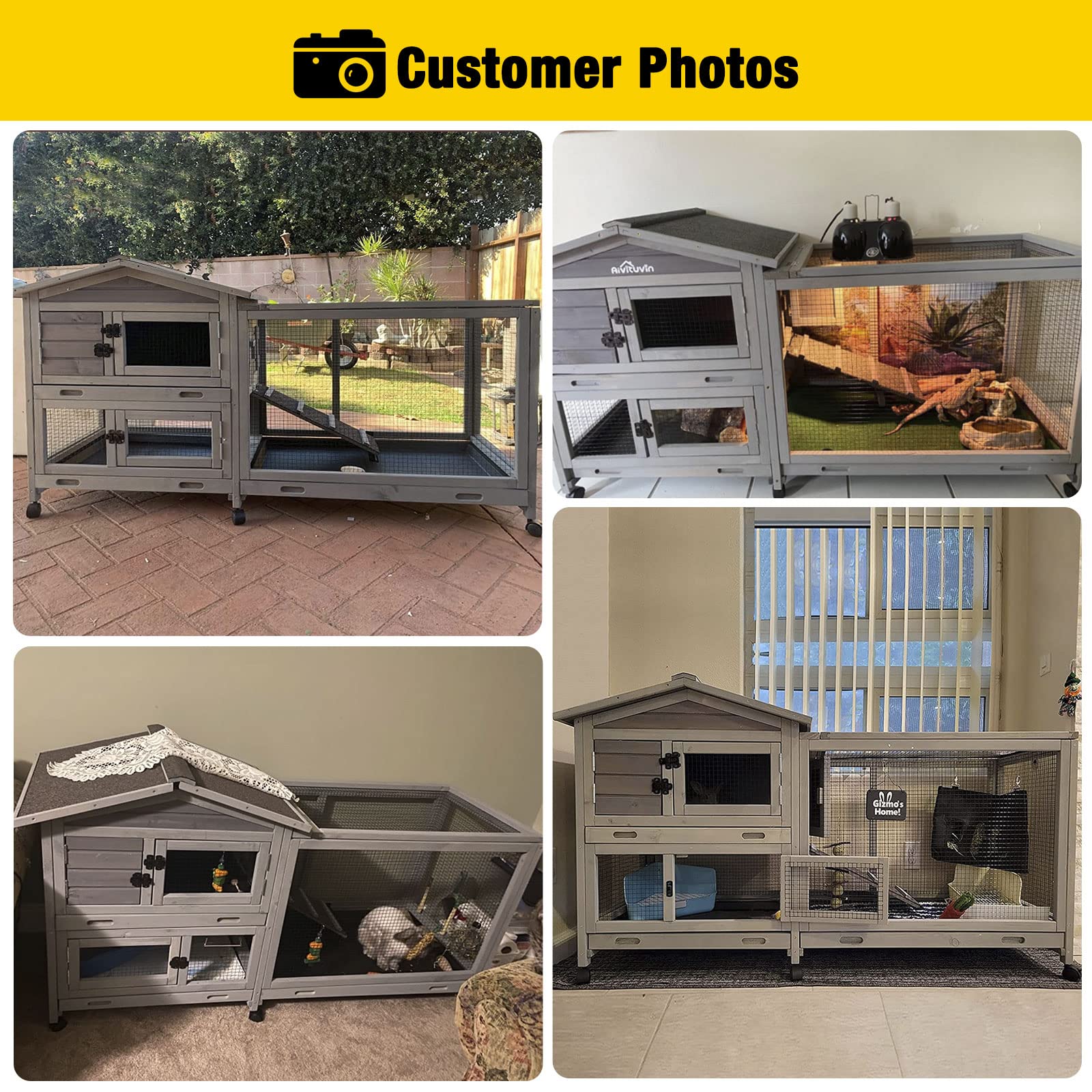 Aivituvin Rabbit Hutch Indoor 62' Rabbit Cage Outdoor Chicken Coop Guinea Pig Cage On Wheels Bunny Cage With 3 Deep No Leakage Pull Out Tray,Waterproof Roof (Grey)