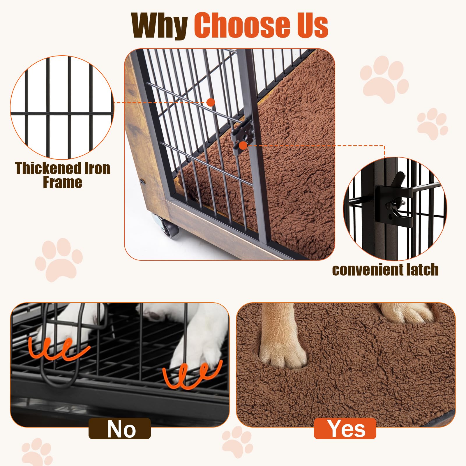 LEMBERI 38 Inch Dog Crate Furniture with Cushion, Double Doors Wooden Dog Kennel Cage Indoor with Wheels, Pet House Decorative S