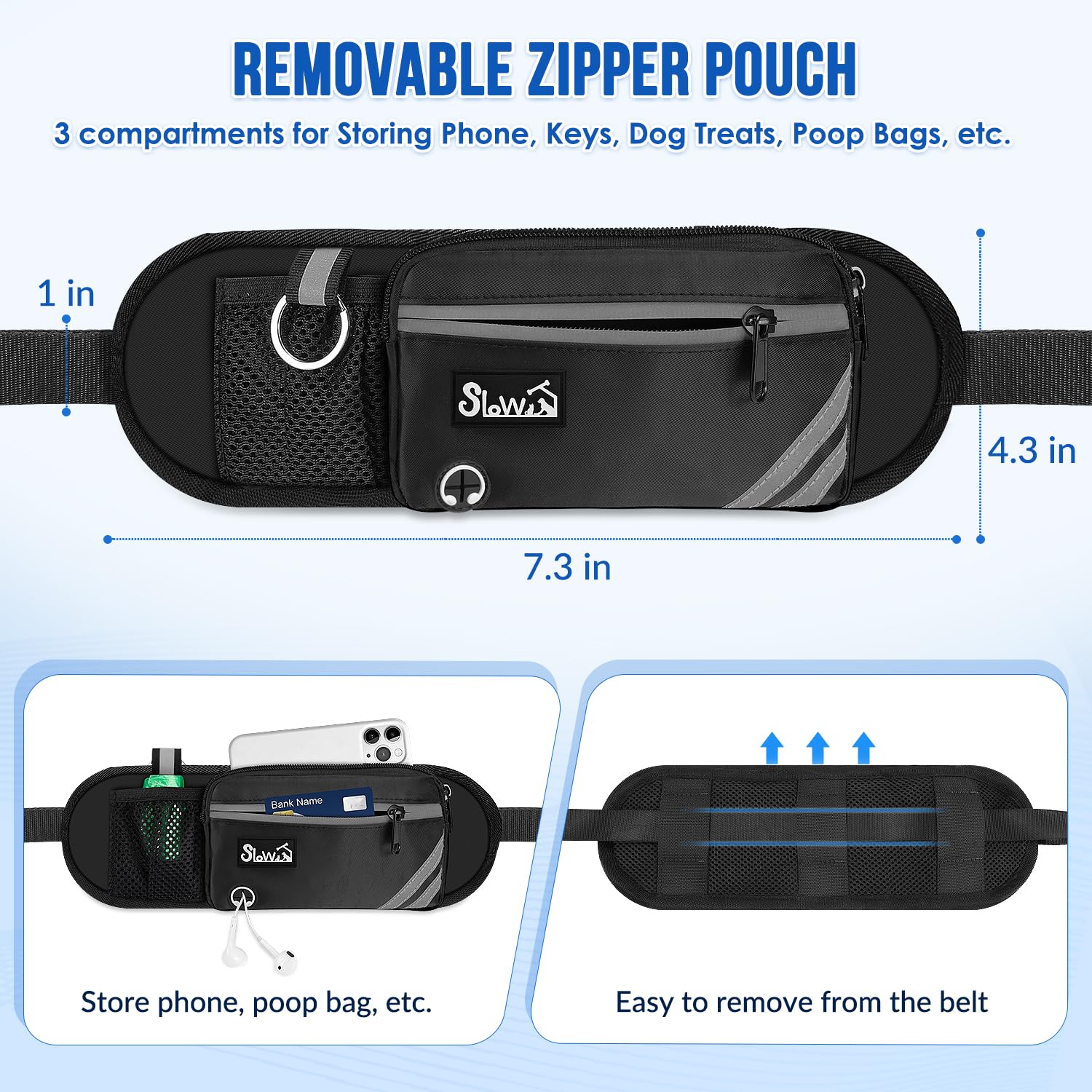 Slowton Hands Free Dog Leash 2 Dogs - With Removable Zipper Pouch, Shock Absorbing Bungee, Dual Handle & Reflective Stitches, Wi