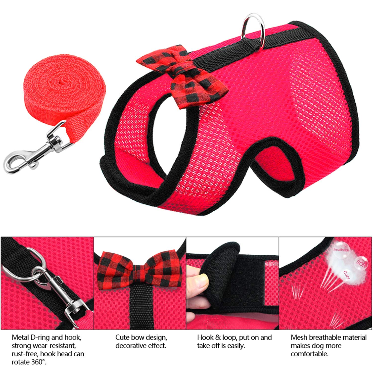 Rypet Animal Harness And Leash - Soft Mesh Pet Harness With Safe Bell, No Pull Comfort Padded Vest For Small Pet Red M