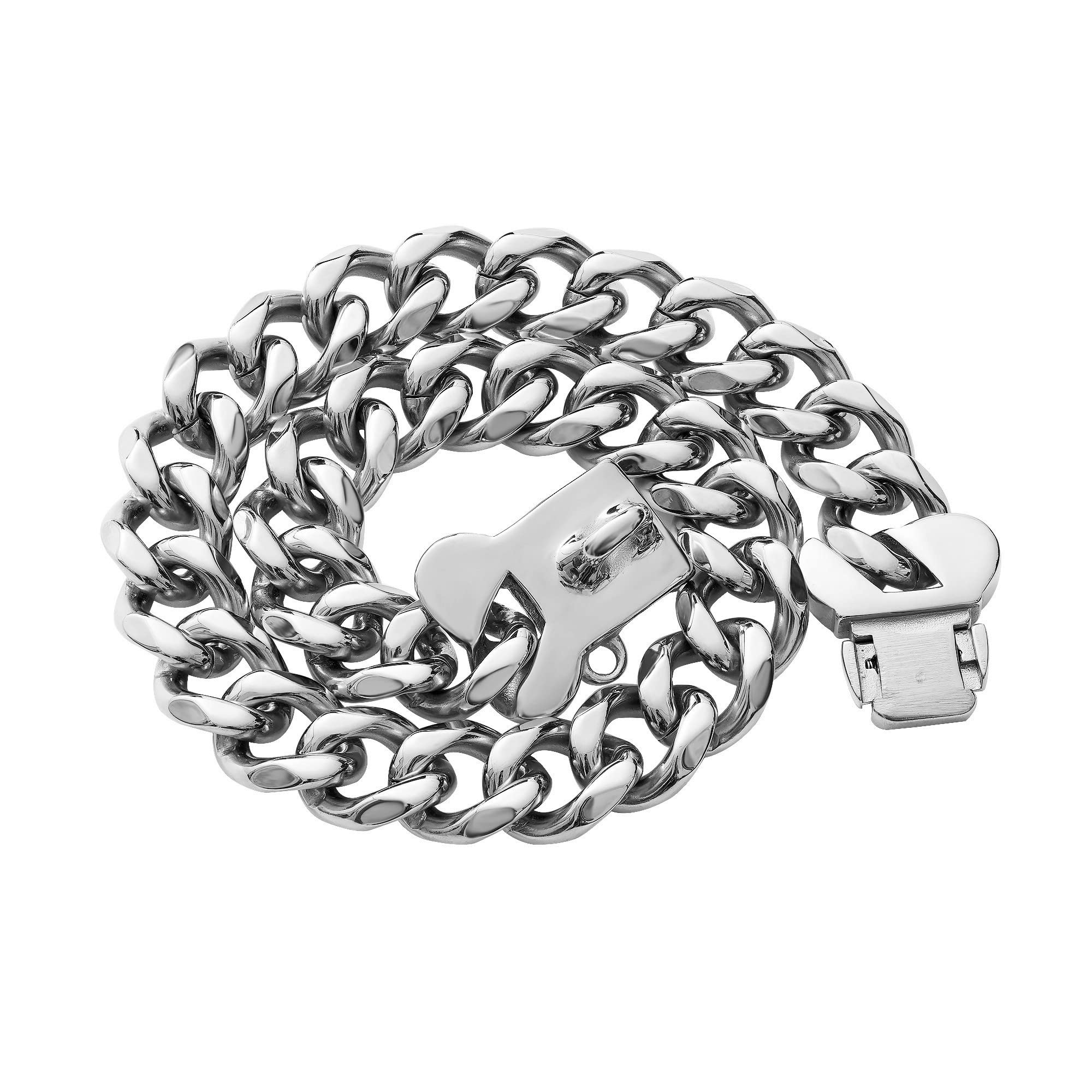 Stainless Steel Cuban Silver Link Heavy Duty Necklace Dog Collar For Small Medium Large Dogs, American Bully French Bulldog Dog