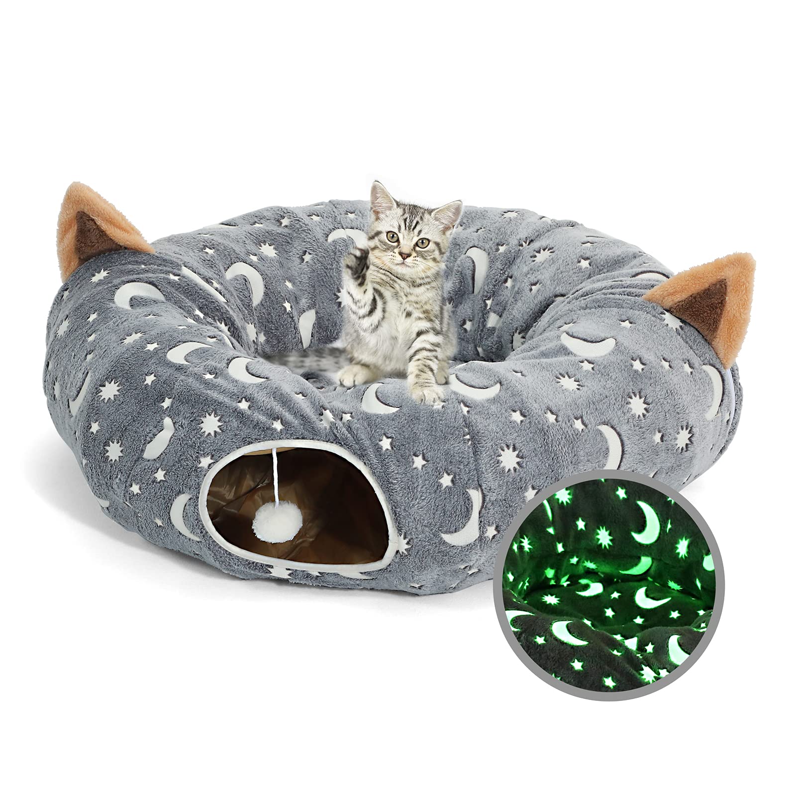Luckitty Cat Tunnel Bed Tube With Cushion And Plush Ball Toy Playground Crinkle Collapsible Self-Luminous Flannel Fabric 3Ft For