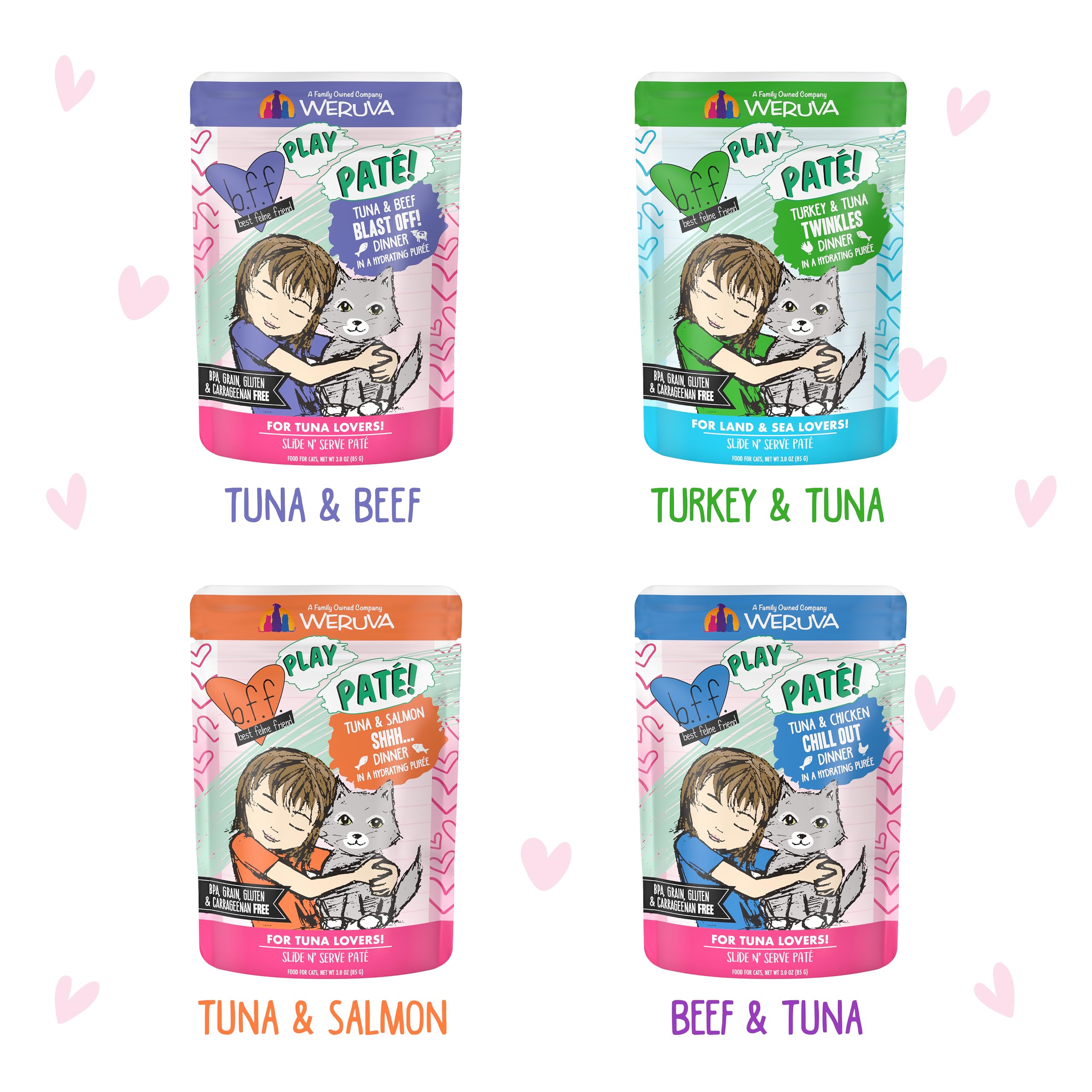 Weruva B.F.F. Play - Best Feline Friend Pat   Lovers, Aw Yeah!, Pat   Partay! Variety Pack, 3oz Pouch (Pack of 12)