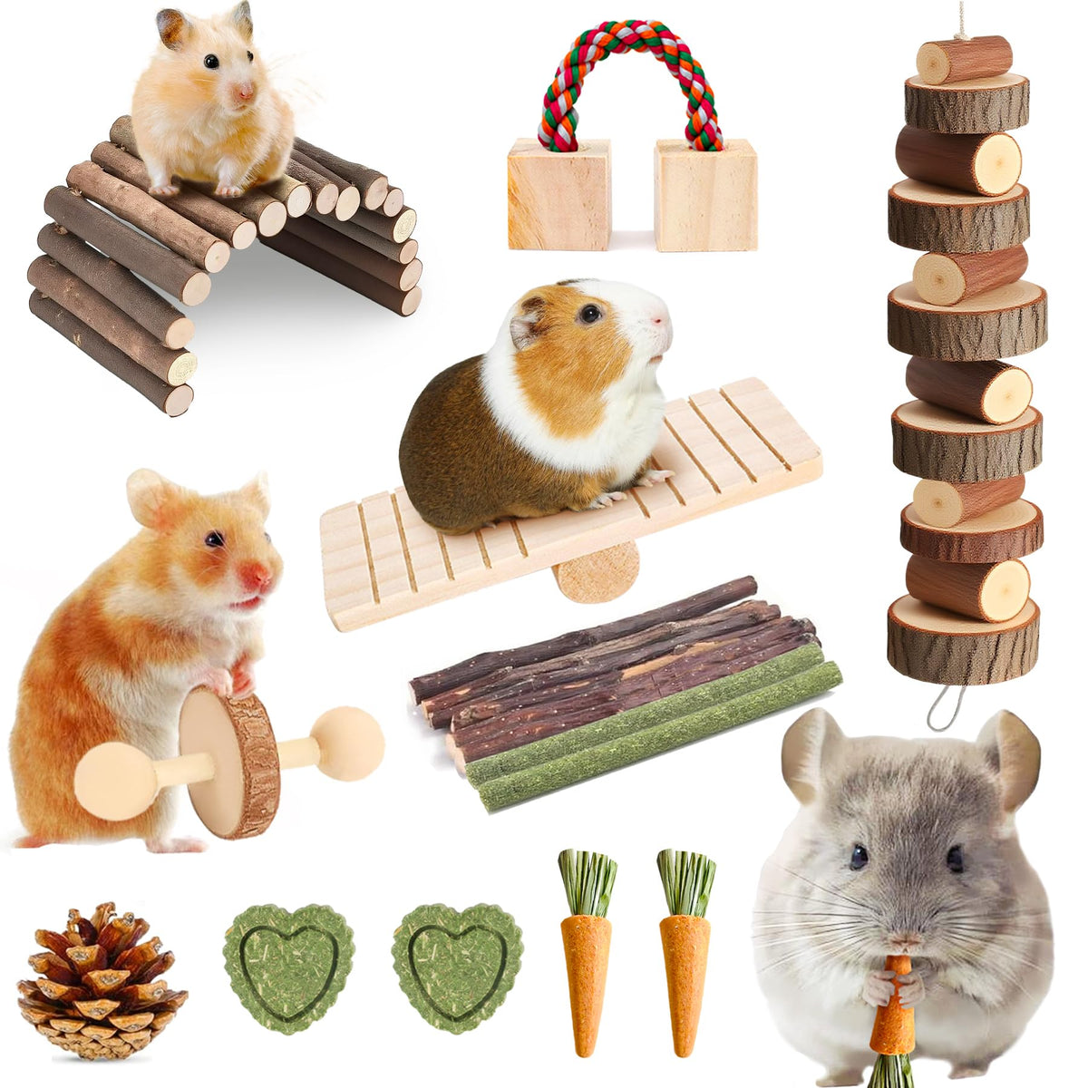 Kagoty 18 PCS Hamster Chew Toys Set, Natural Apple Wood Guinea Pig Toys, Hamster Cage Accessories Include Bridge, Seesaw, Carrot