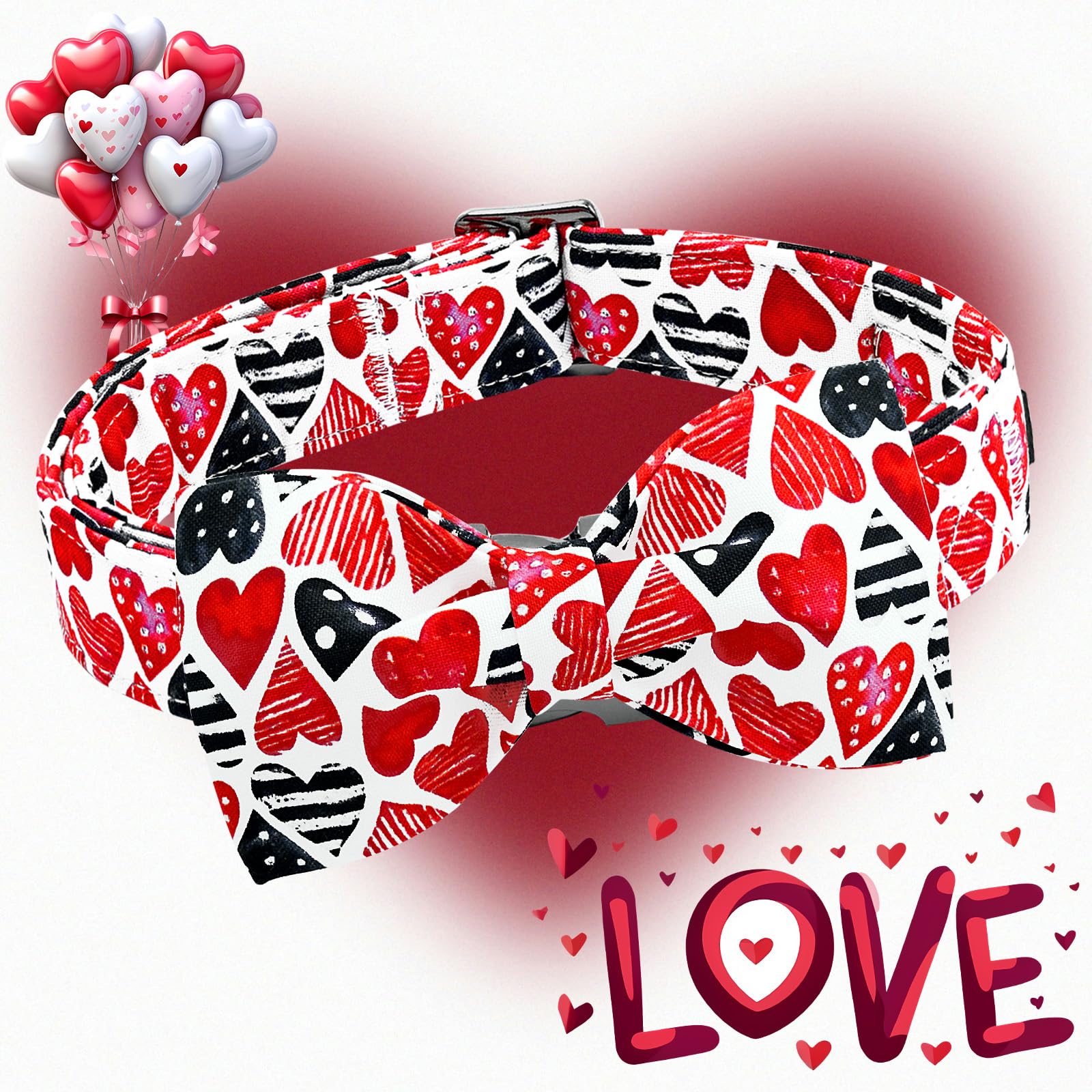 Lionheart Glory Dog Bow Collar Valentine'S Day Dog Collar For X-Large Dogs Red Hearts Print Dog Collar With Bowtie Spring Dog Co