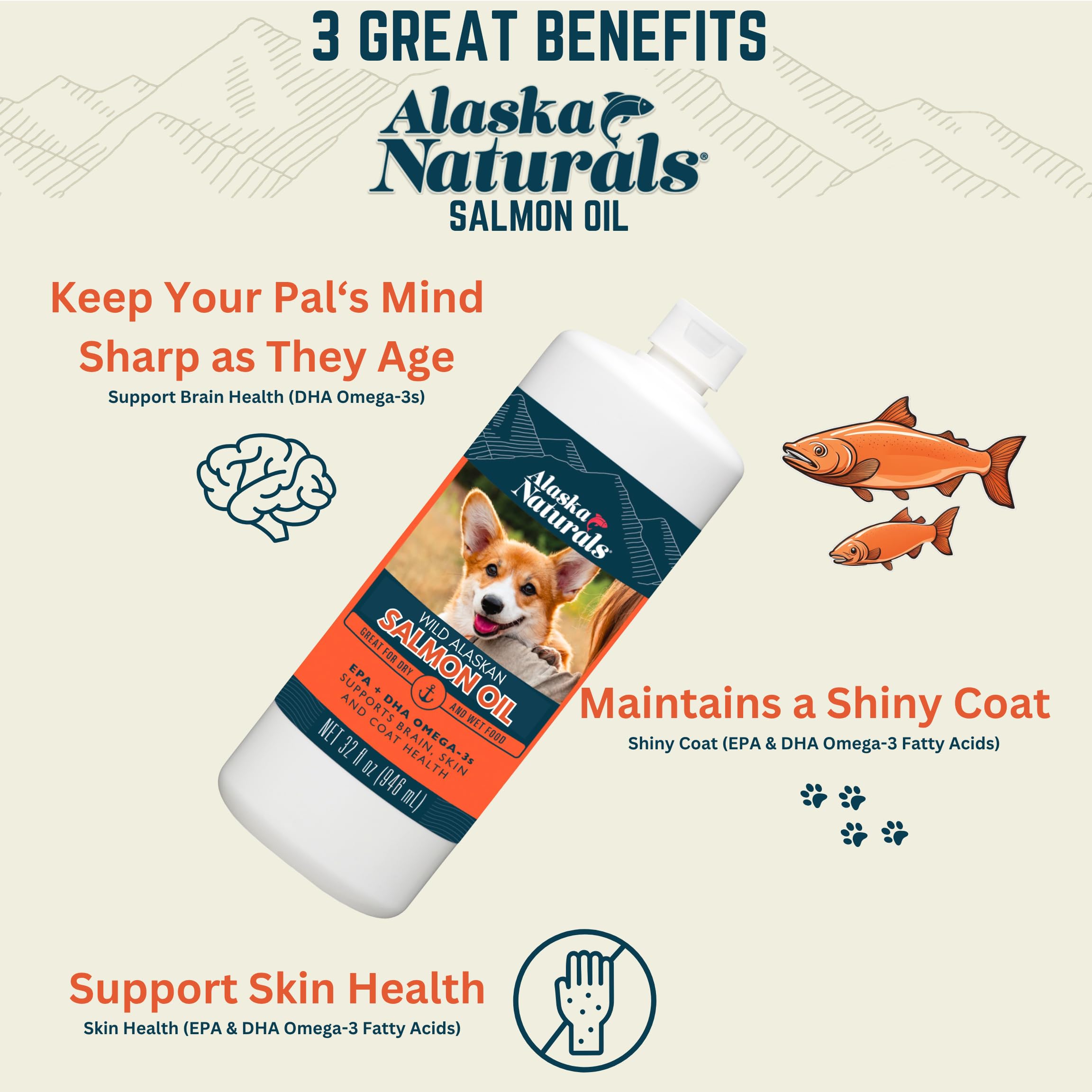 Alaska Naturals Wild Alaskan Salmon Fish Oil Supplement for Dogs, 32 oz, EPA DHA Omega 3 Liquid Food Topper